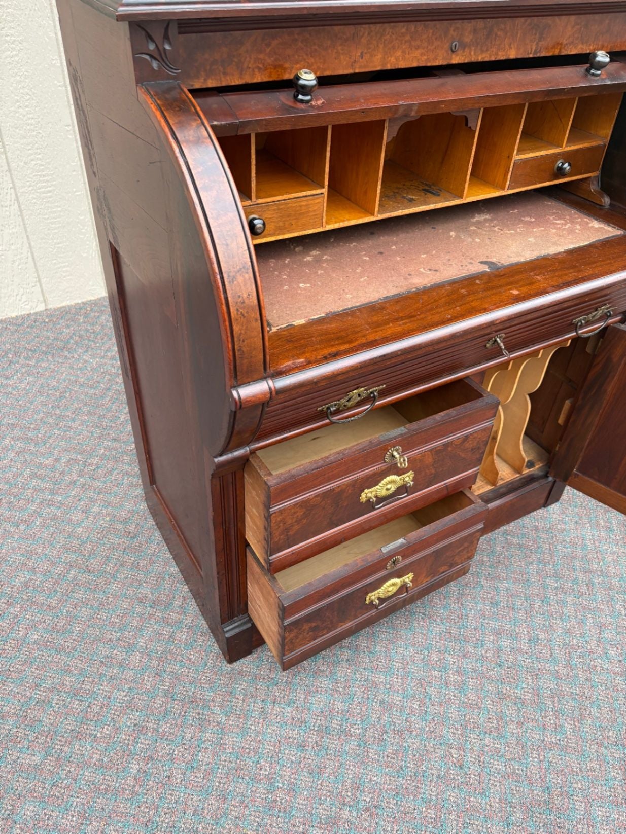 67689  Victorian Cylinder Secretary Desk with Glass Cabinet Top
