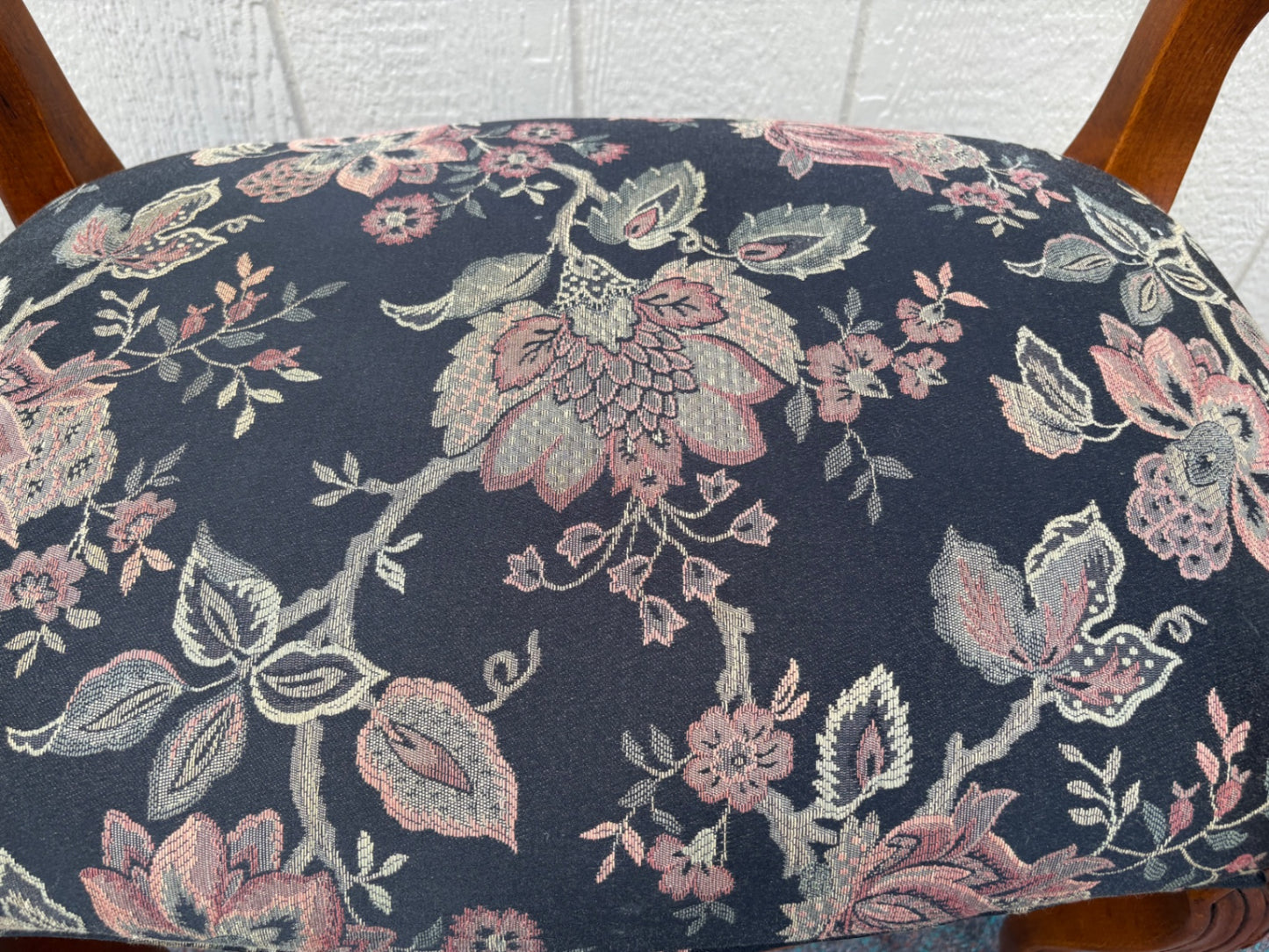 68098 Vintage Carved Wood Window Bench with Floral Upholstery