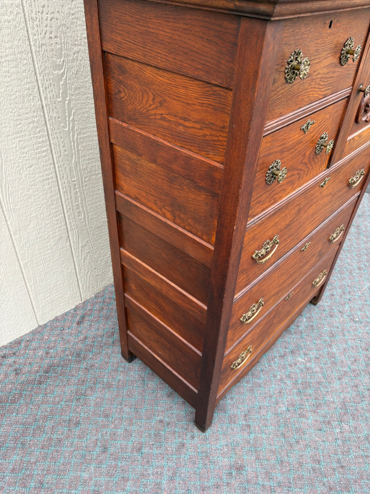 68120 Victorian Oak High Chest with Mirror and Carved Details