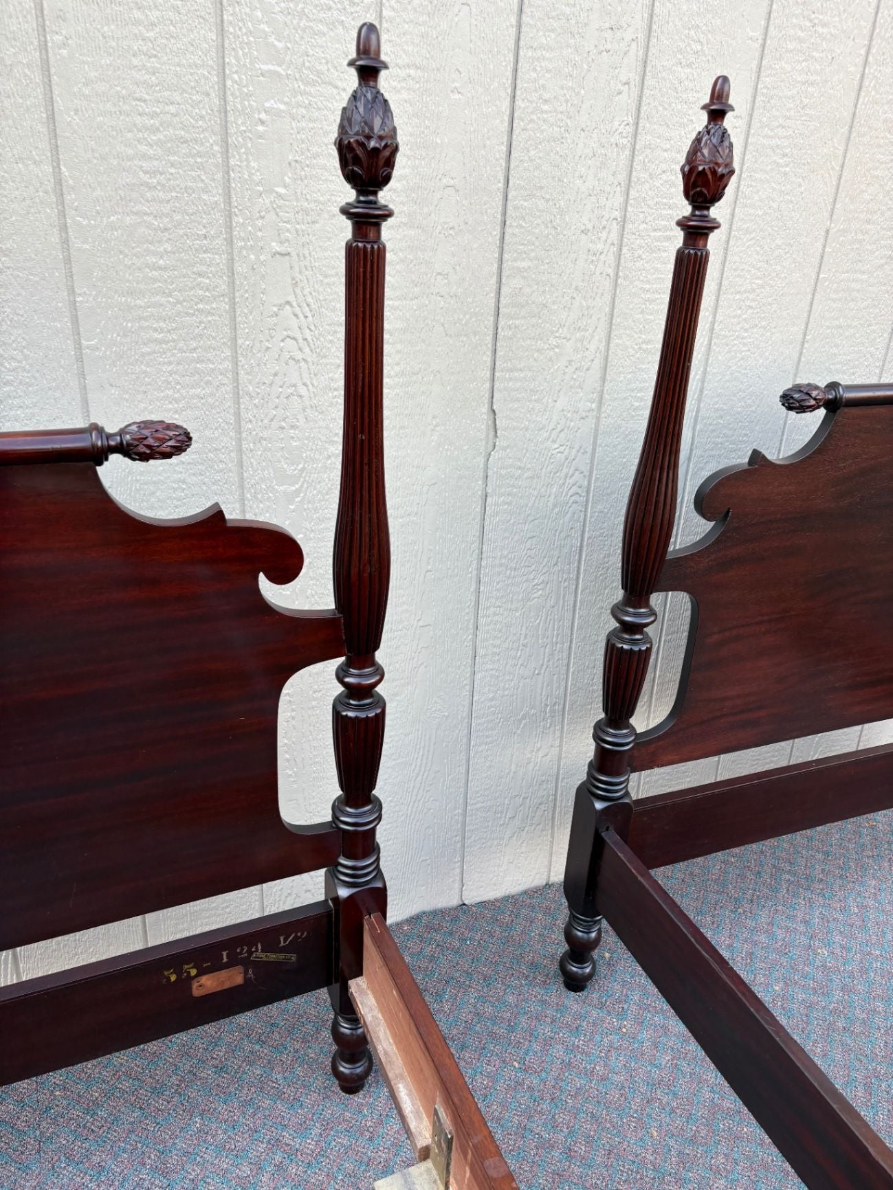 67668 Pair of Vintage PAINE Furniture  Mahogany Twin Beds with Carved Pineapple Finials