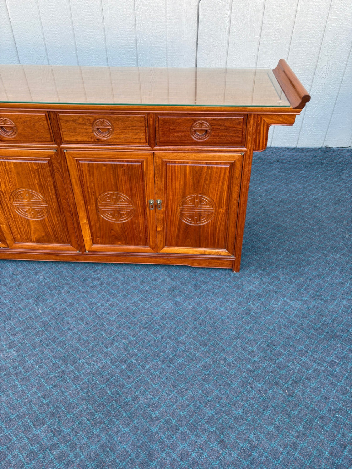 Mid-Century Oriental Sideboard with Glass Top and Carved Details