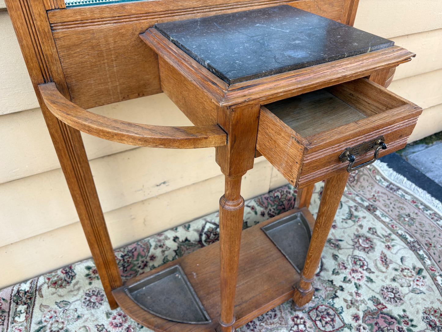 67781 Victorian Oak Hall Tree with Mirror and Marble Top Stand