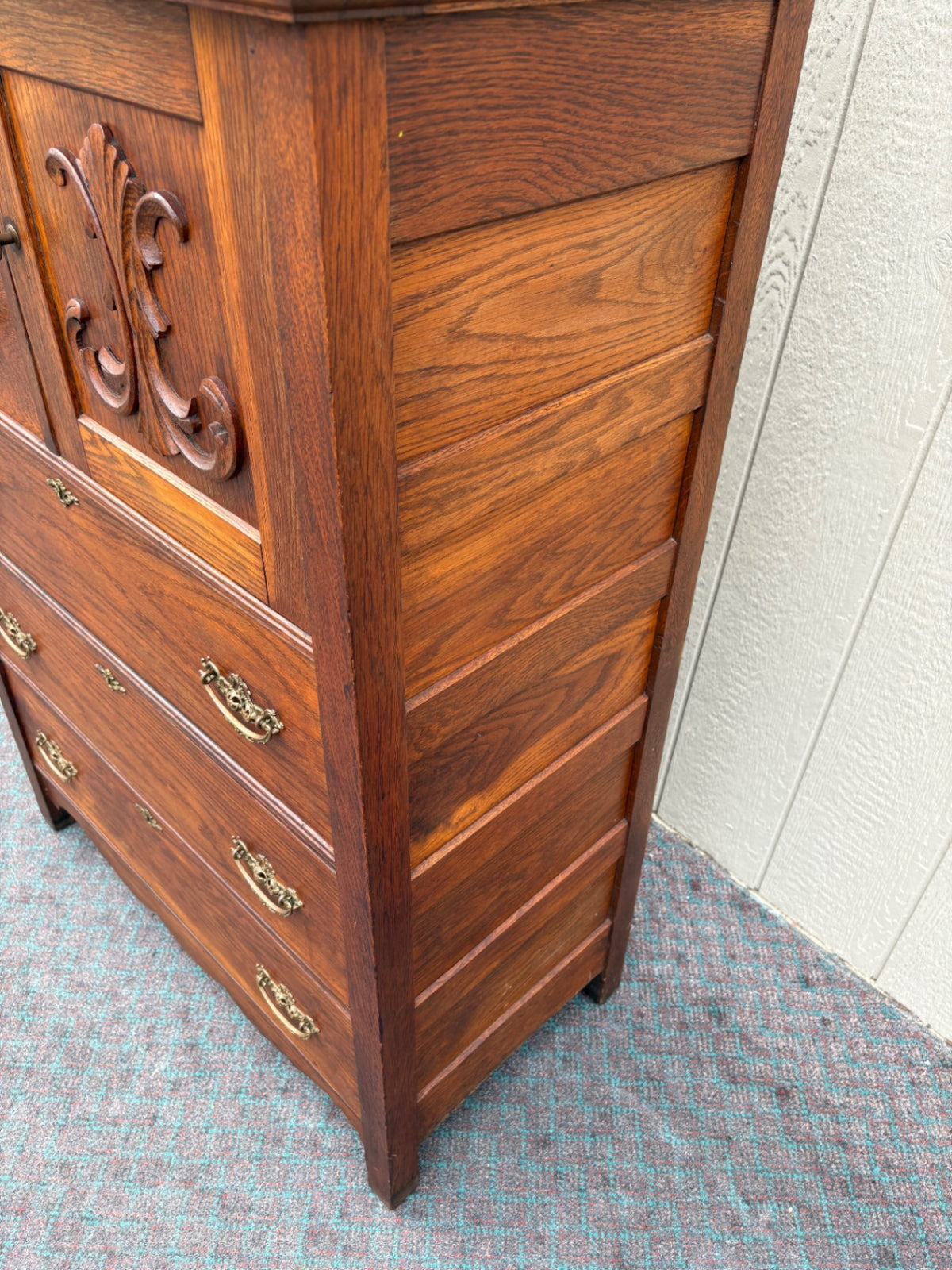 68120 Victorian Oak High Chest with Mirror and Carved Details