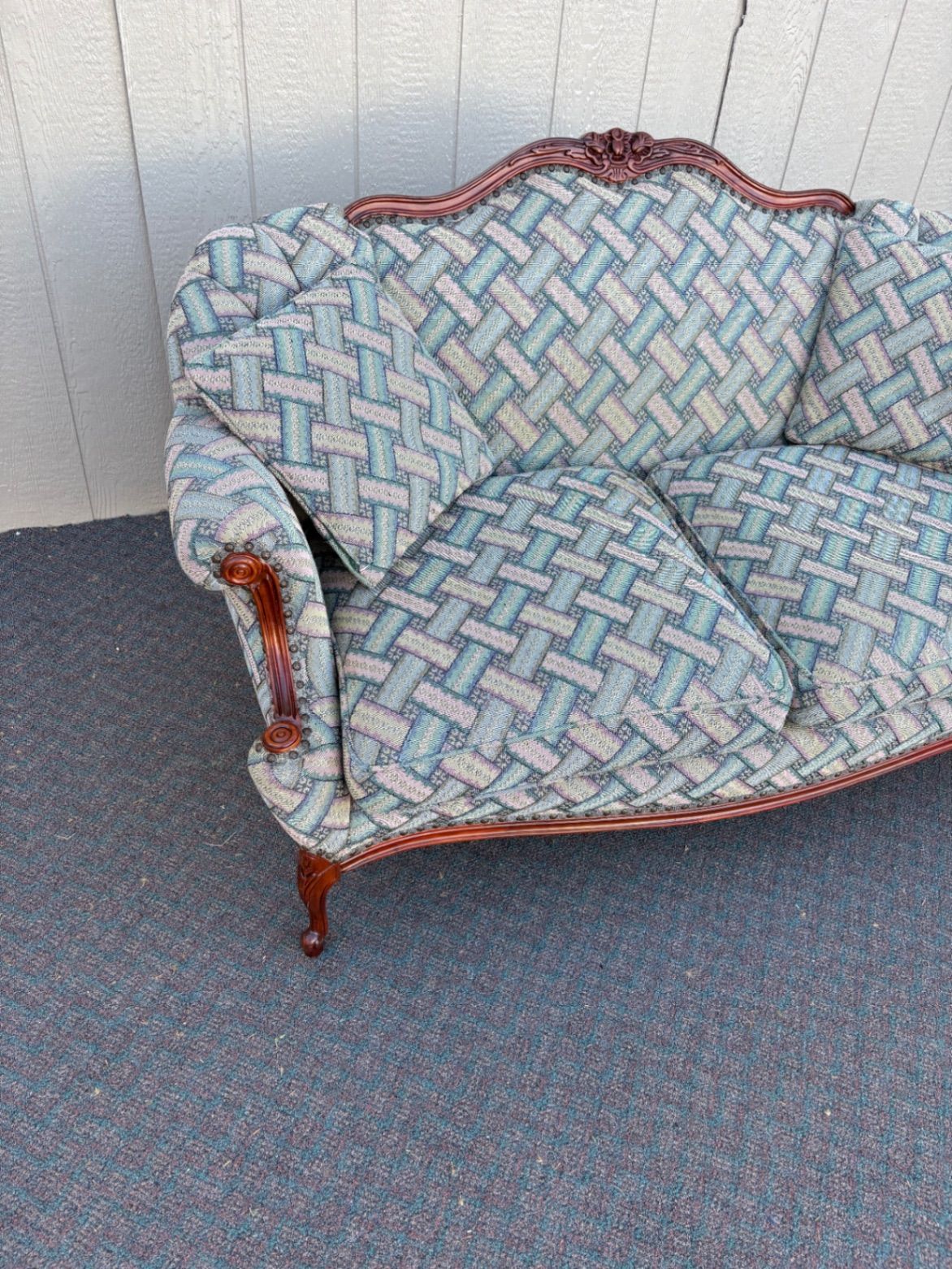67630 Vintage French Provincial Loveseat with Carved Wood Frame