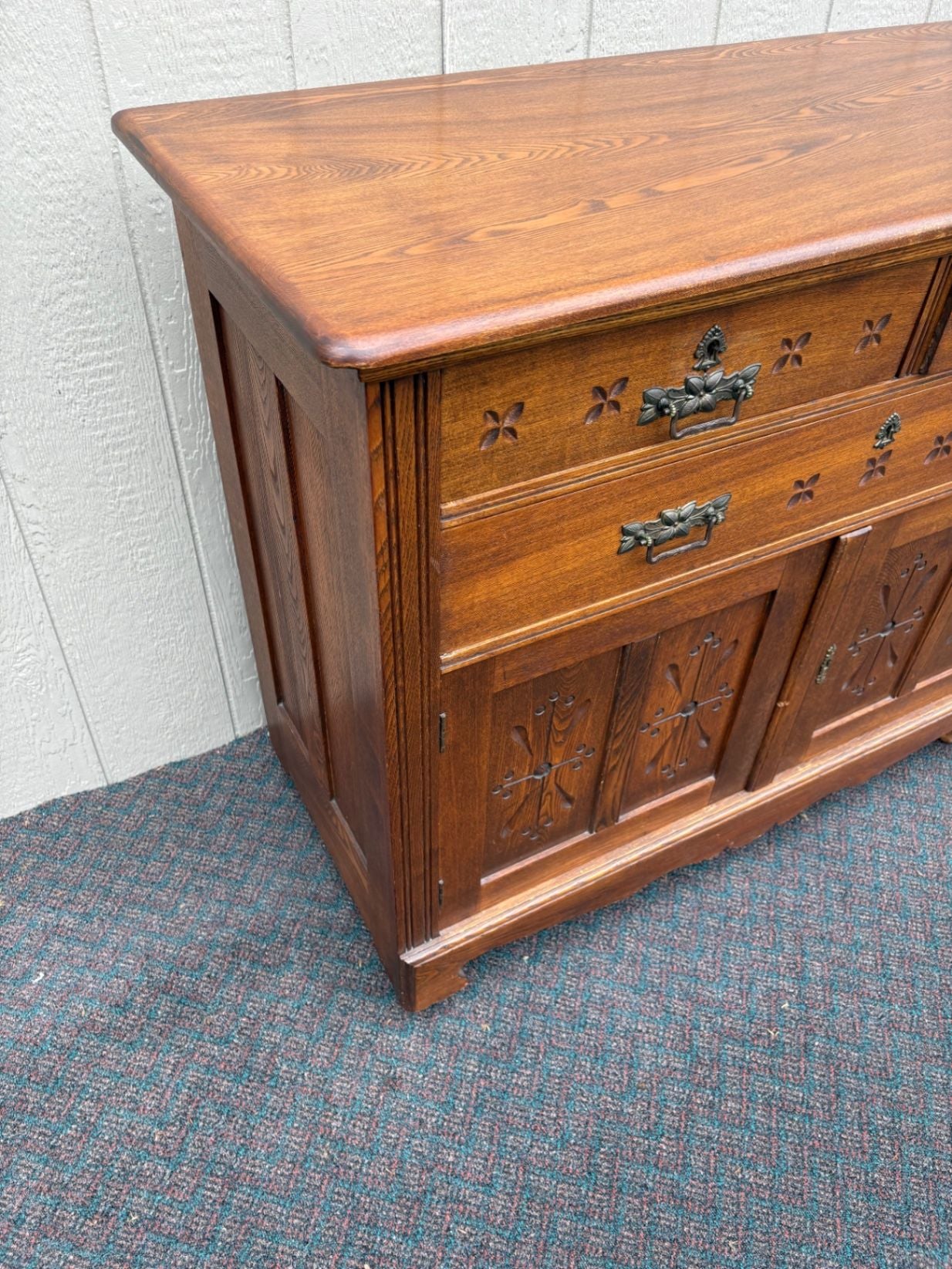 67625  Victorian Oak Buffet Server with Carved Details and Brass Hardware