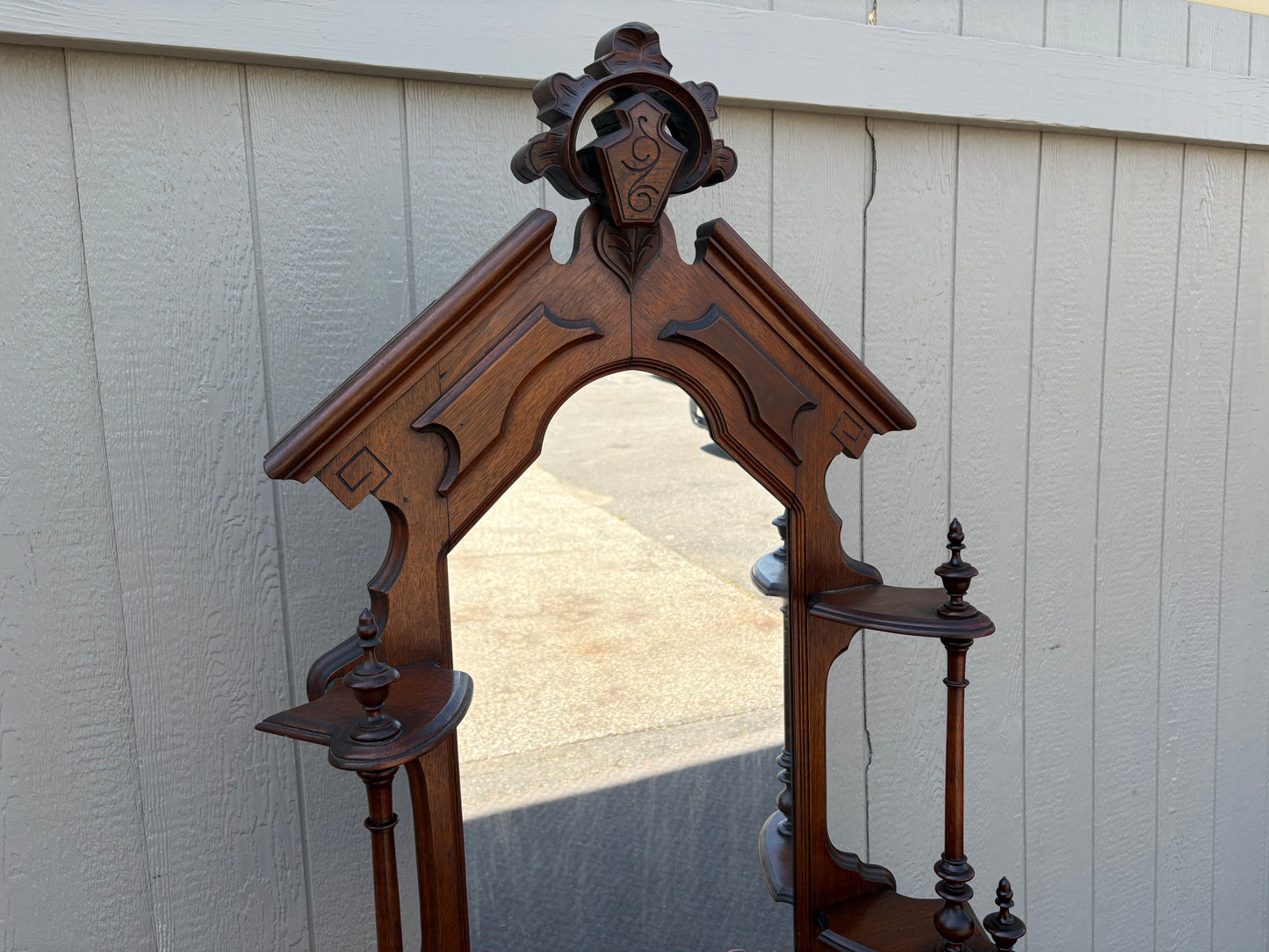 67717 Victorian Eastlake Style Hall Mirror with Shelves, Solid Mahogany