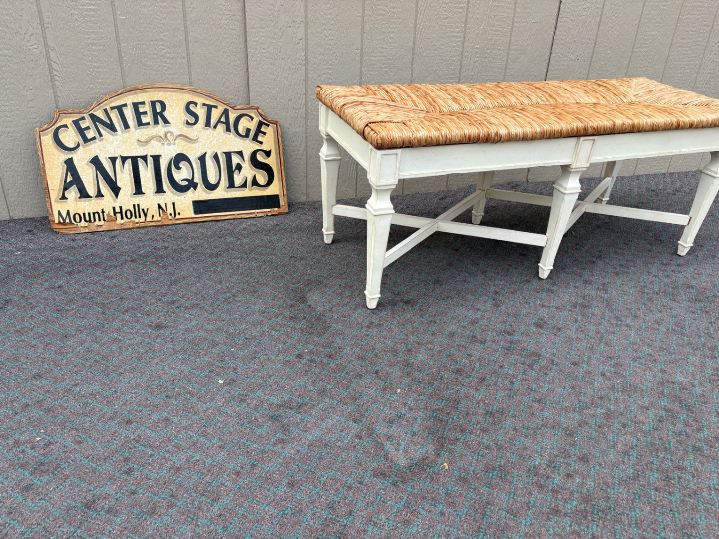 68074 Rustic French Country Rush Seat Bench with Painted Wood Frame