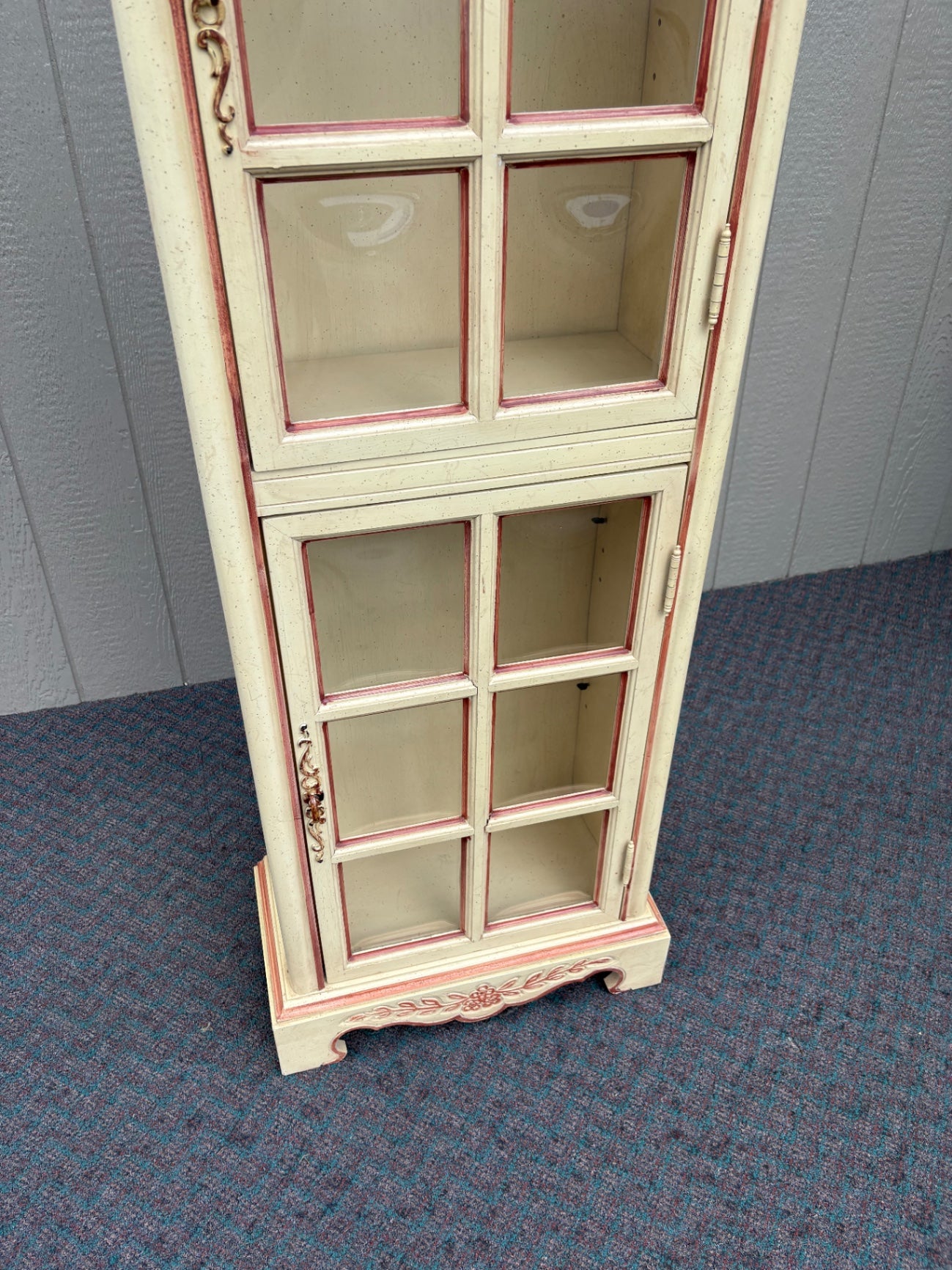 67860 Vintage French Country Curio Cabinet with Convex Glass Panels