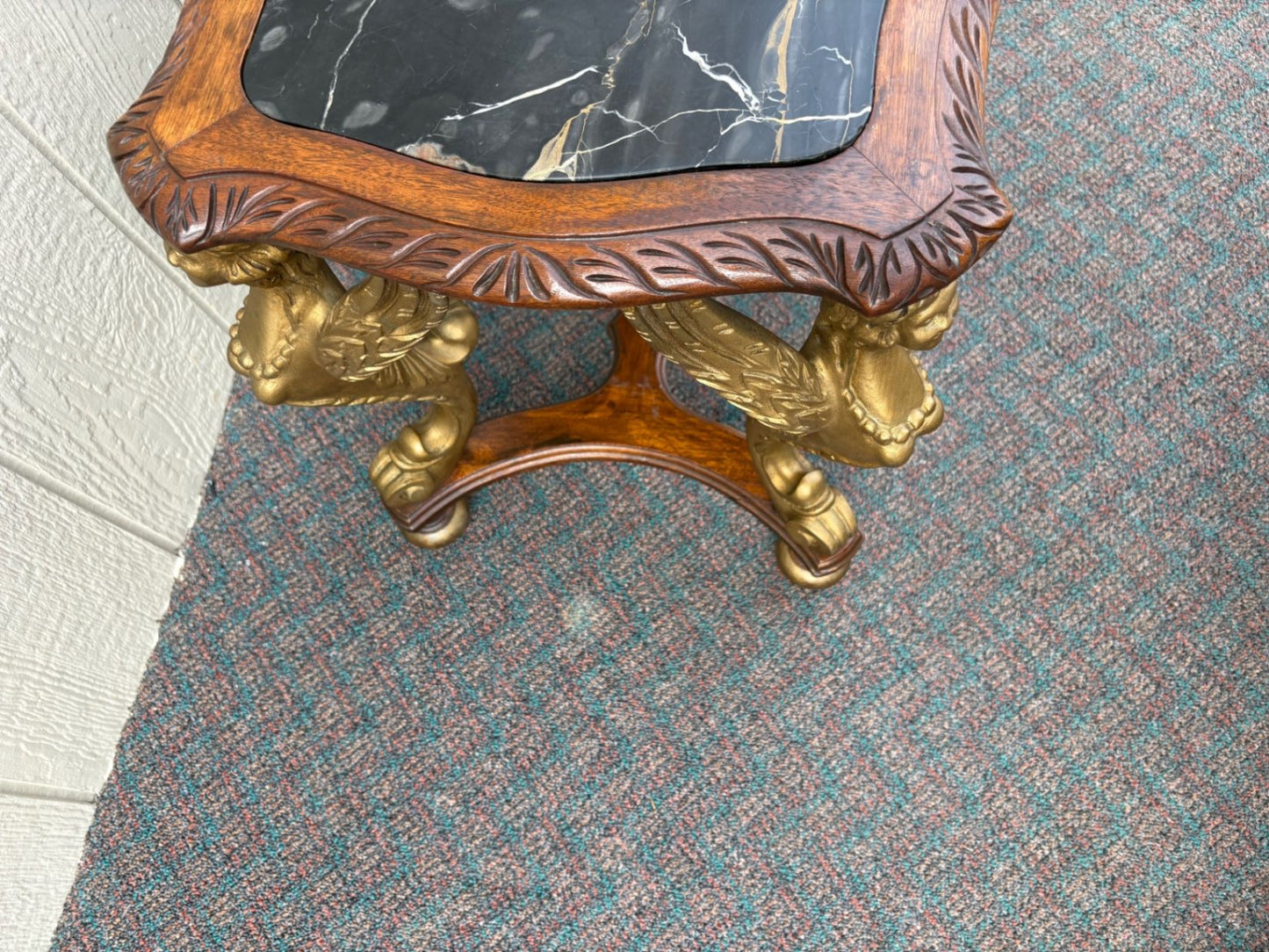 67619 Elegant Figural Carved Coffee Table with Marble Top Winged angel