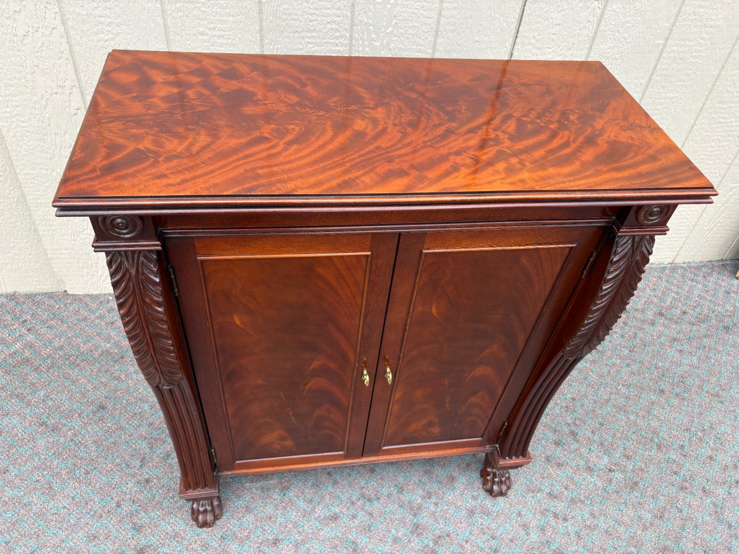 68003 Antique Mahogany Cabinet with Claw Feet and Carved Details