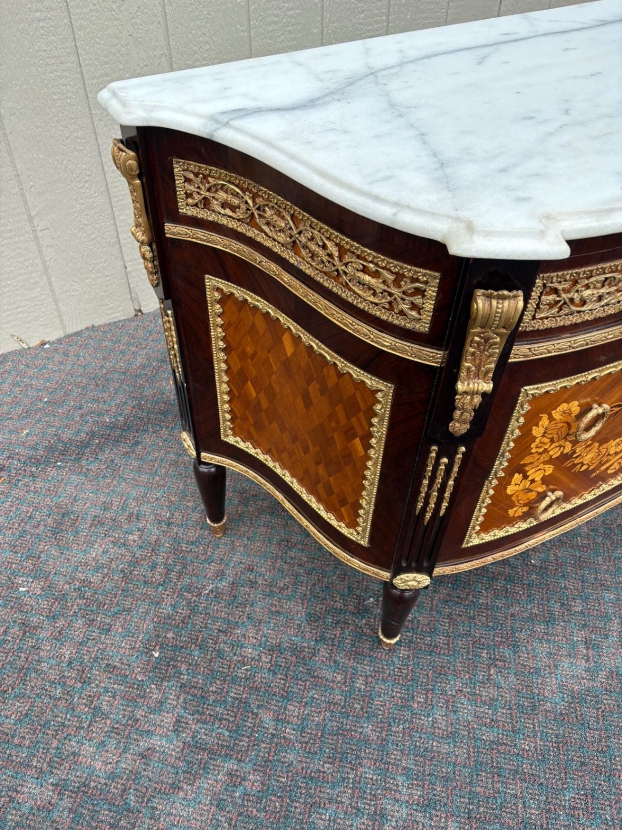 67335 Louis XV Style Marble Top Chest with Intricate Inlay and Gilt Detailing