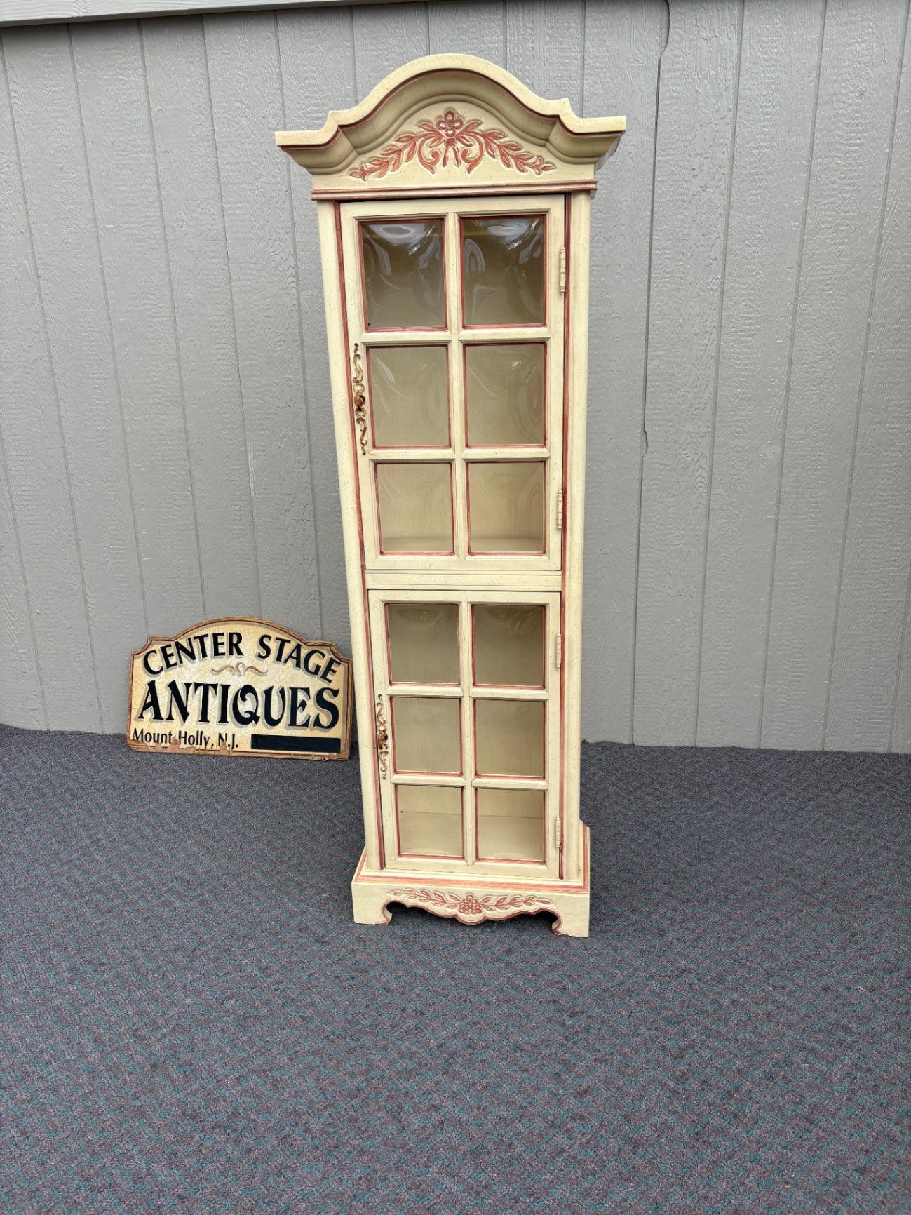 67860 Vintage French Country Curio Cabinet with Convex Glass Panels