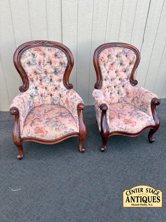 68178 Pair of Victorian Style Kimball Armchairs with Floral Upholstery