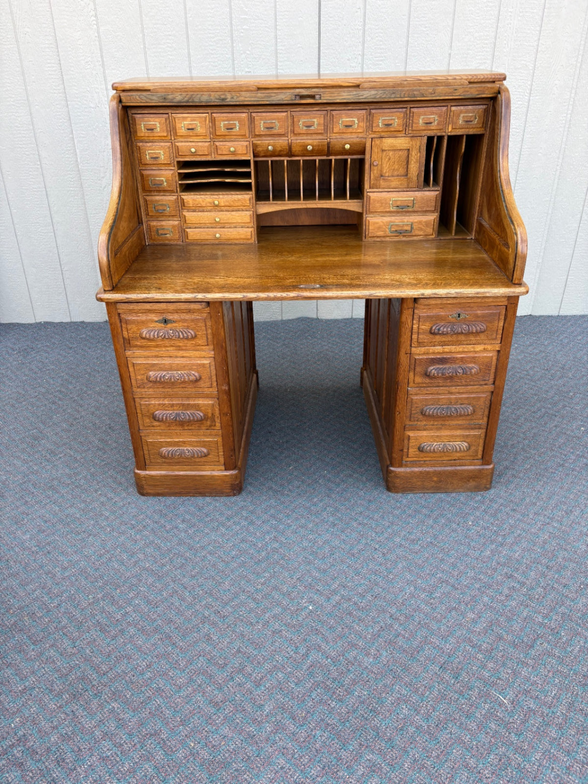 68012 Antique Oak Roll Top Desk with Brass Hardware and Storage