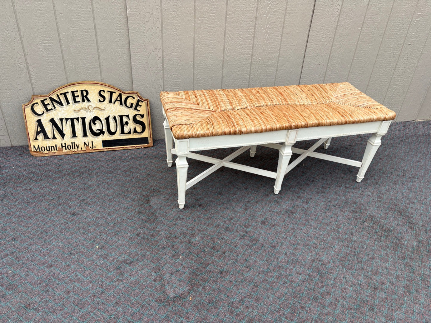 68074 Rustic French Country Rush Seat Bench with Painted Wood Frame
