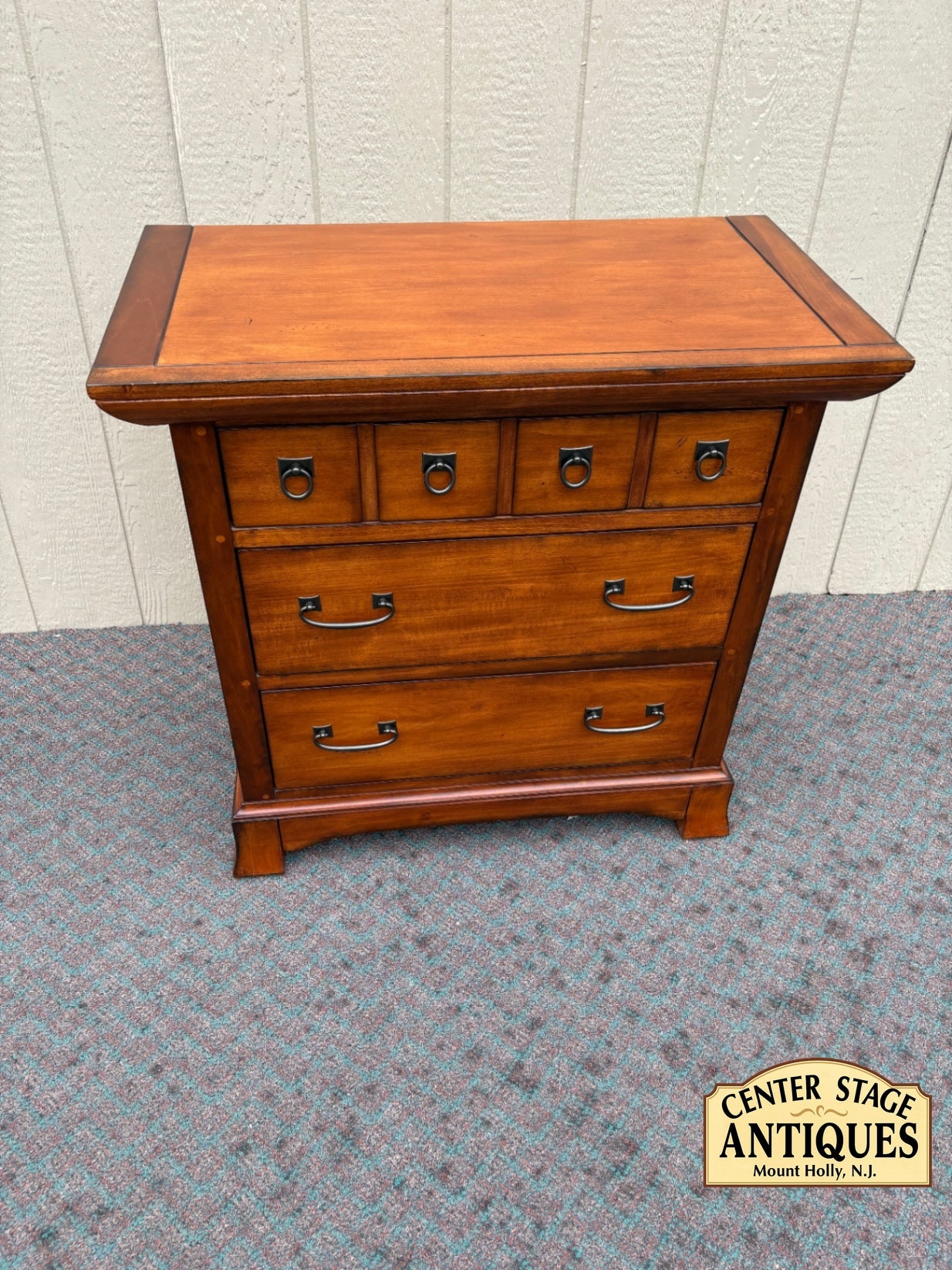 67989  Vintage Wooden Nightstand with Glass Shelf and Brass Accents