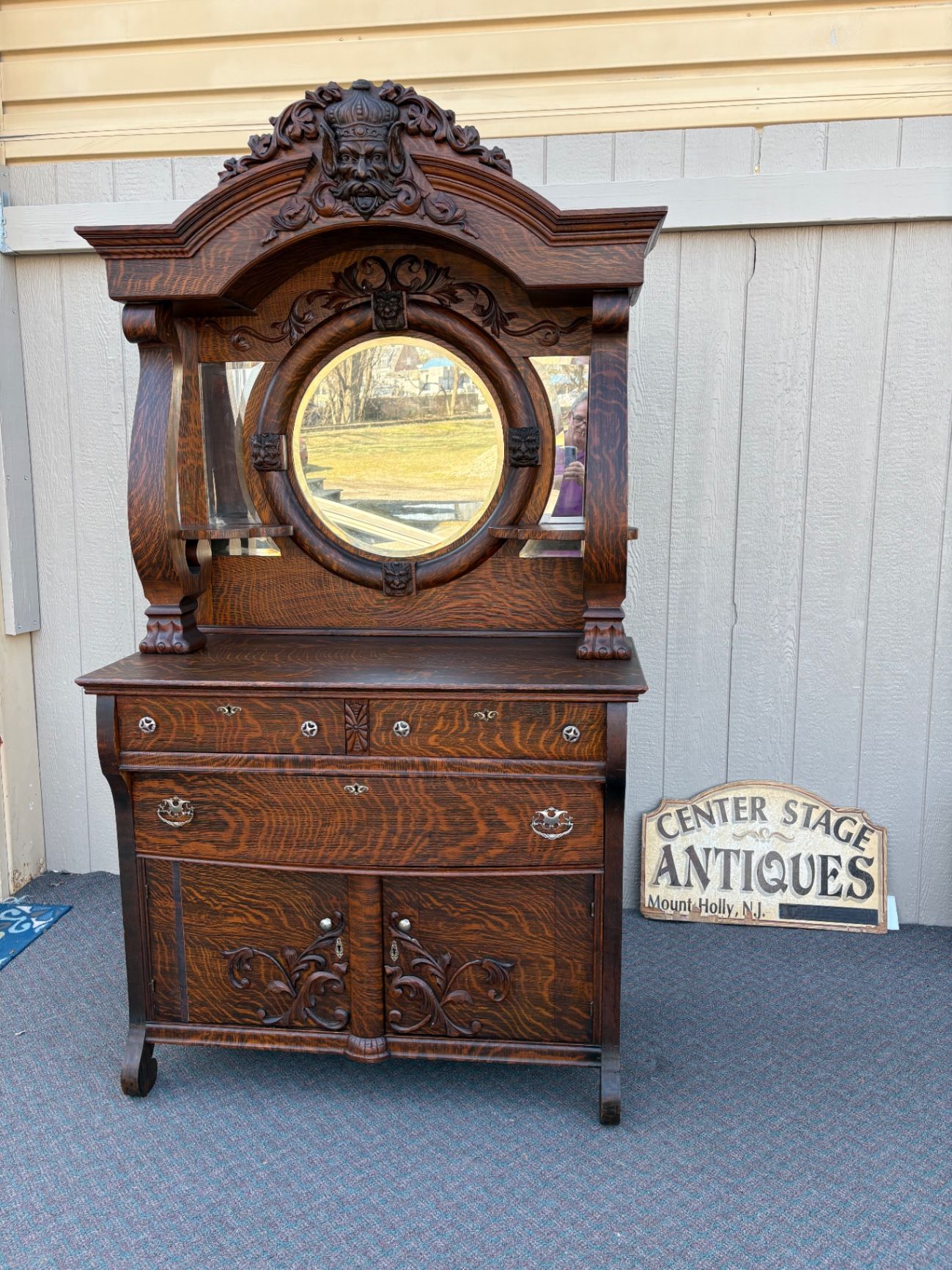 67417 Victorian Tiger Oak Sideboard with Figural Carvings and Mirror