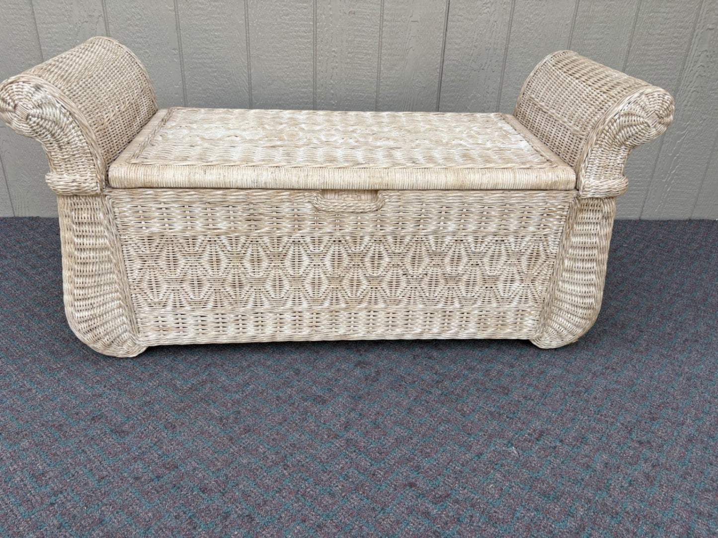 67851 Vintage Wicker Storage Trunk with Rolled Arms and Hinged Lid