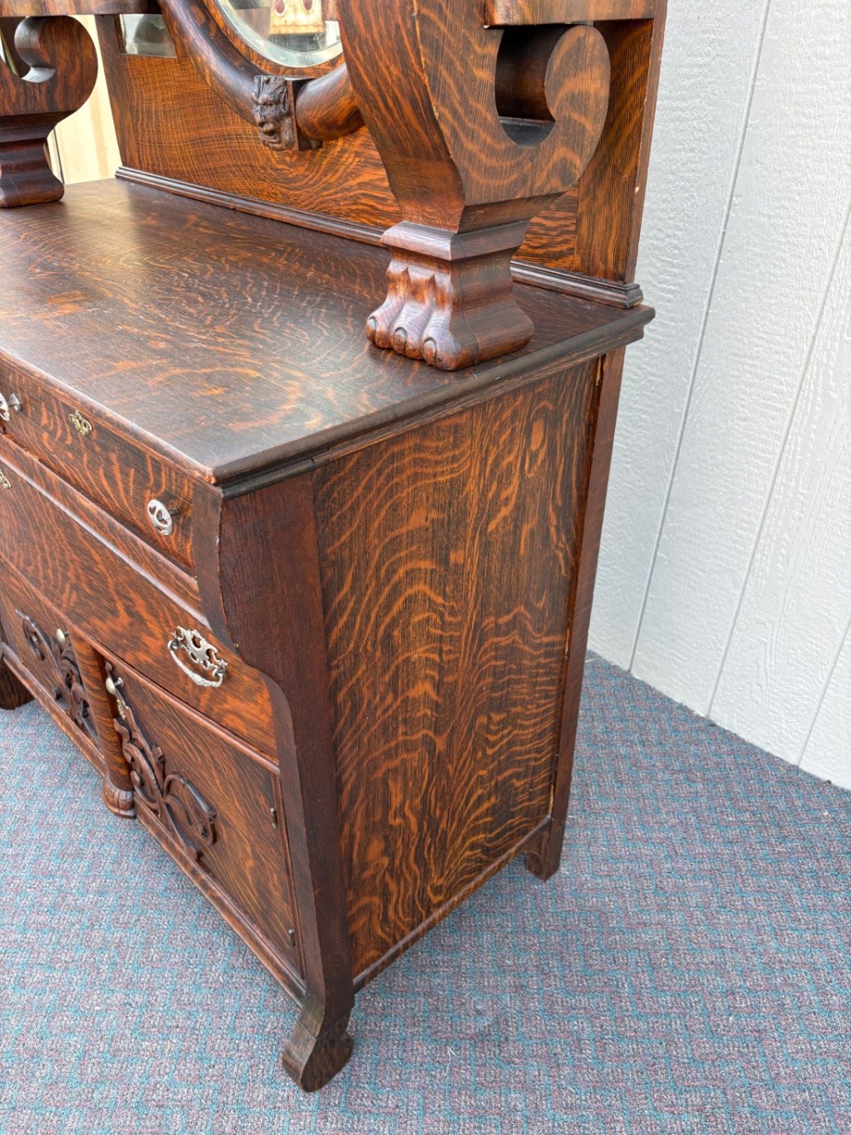 67417 Victorian Tiger Oak Sideboard with Figural Carvings and Mirror