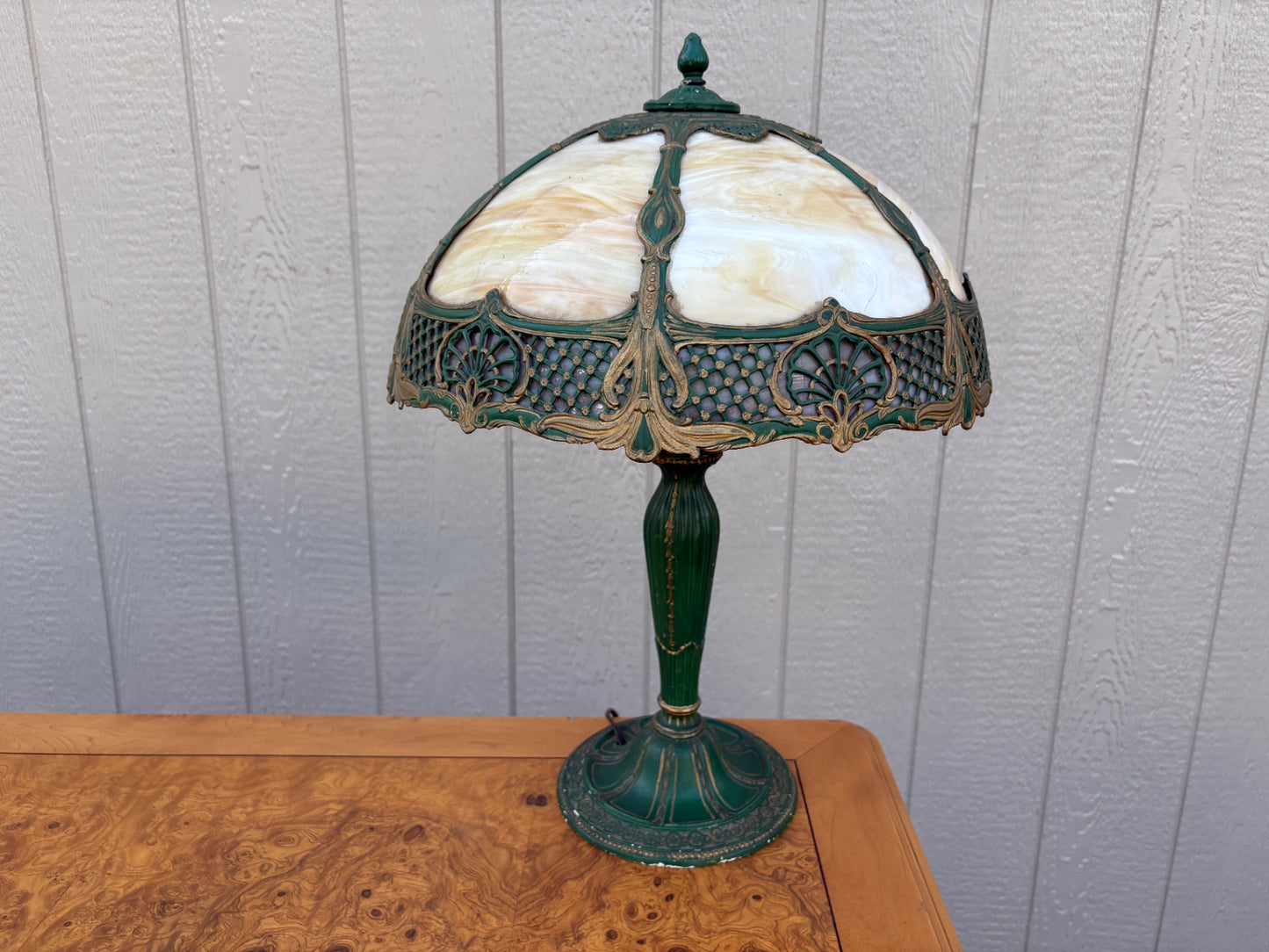 67799 Victorian Slag Glass Table Lamp with Ornate Metalwork Base