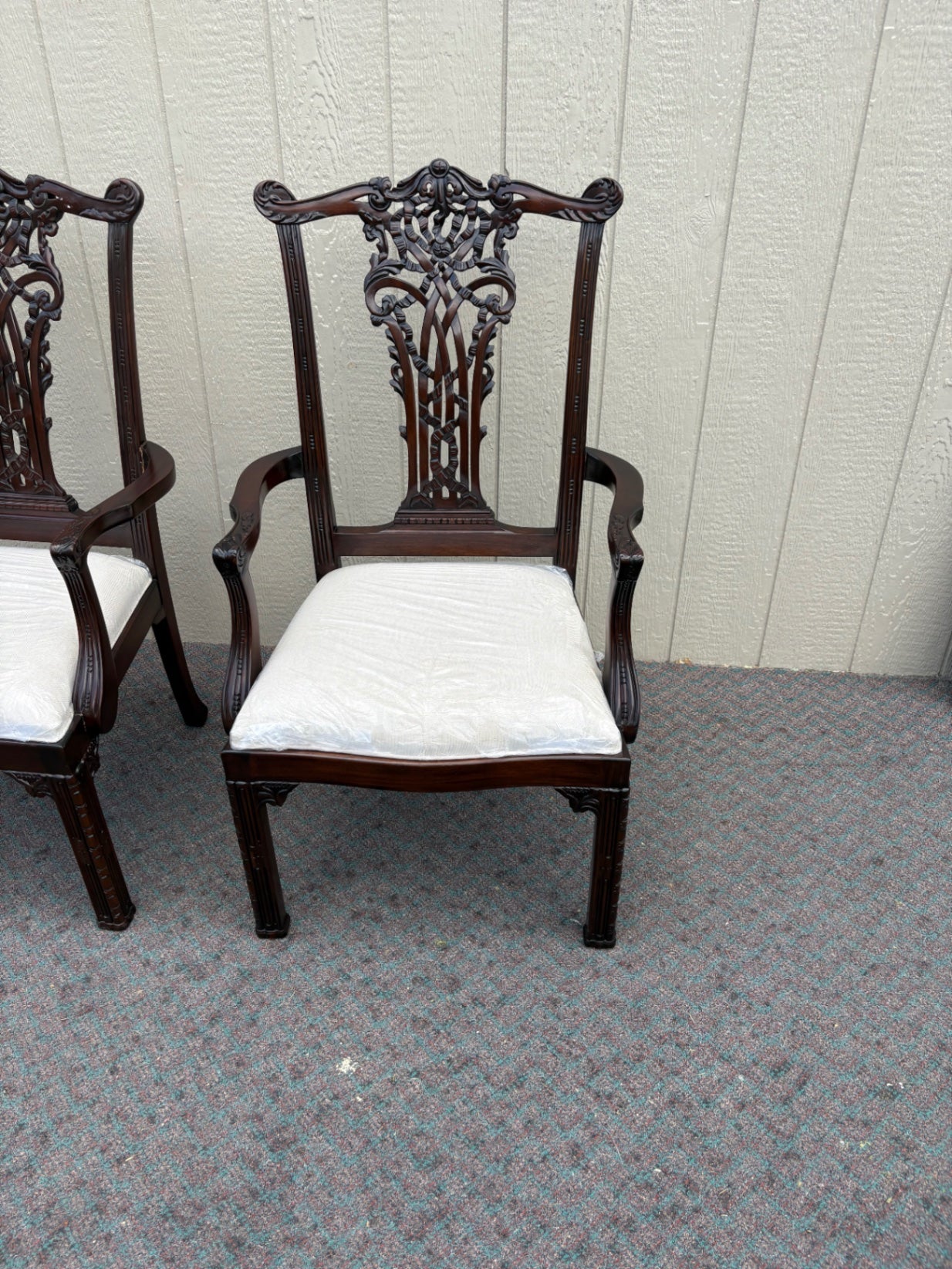 Pair of Chippendale Style Mahogany Armchairs with Carved Backs