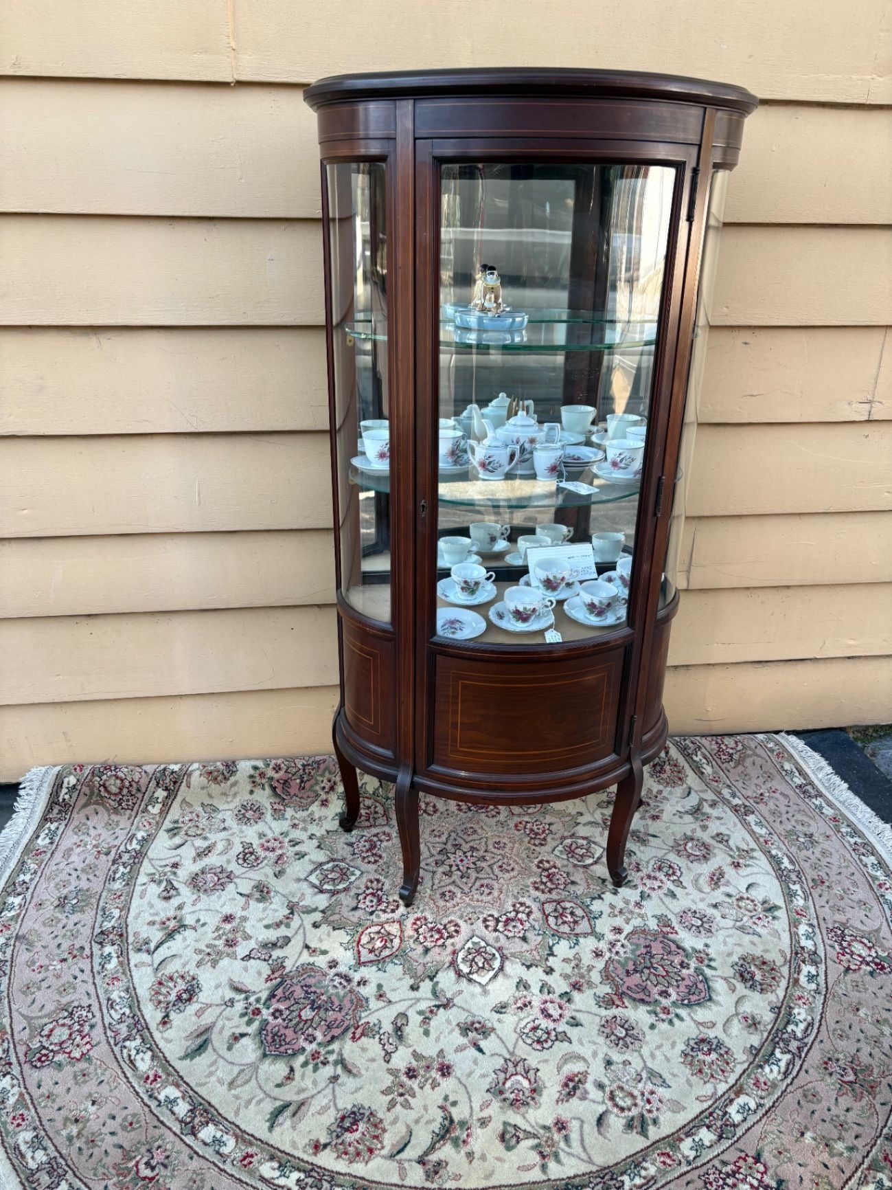 65301 Vintage Bow Front Curio Cabinet with Inlaid Mahogany Design