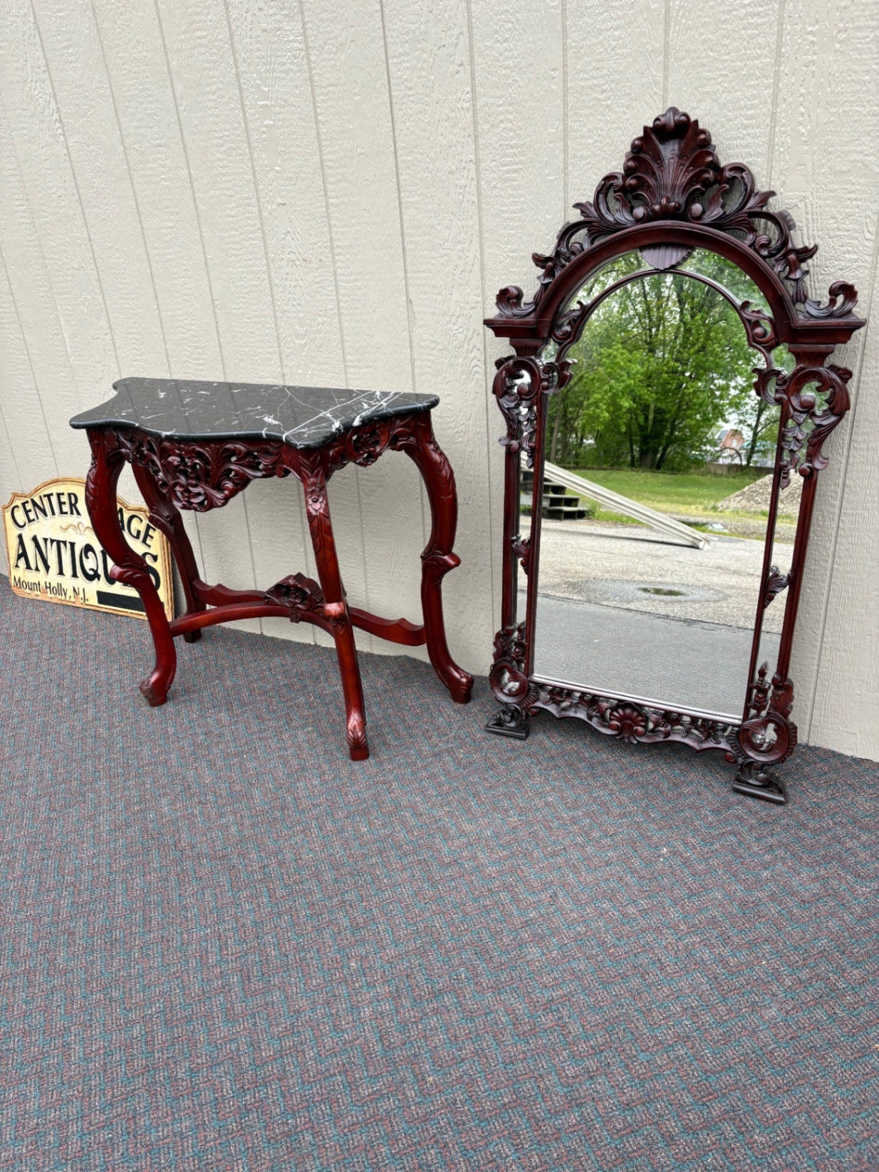 67705 Victorian Style Carved Console Table and Mirror Set with Marble Top