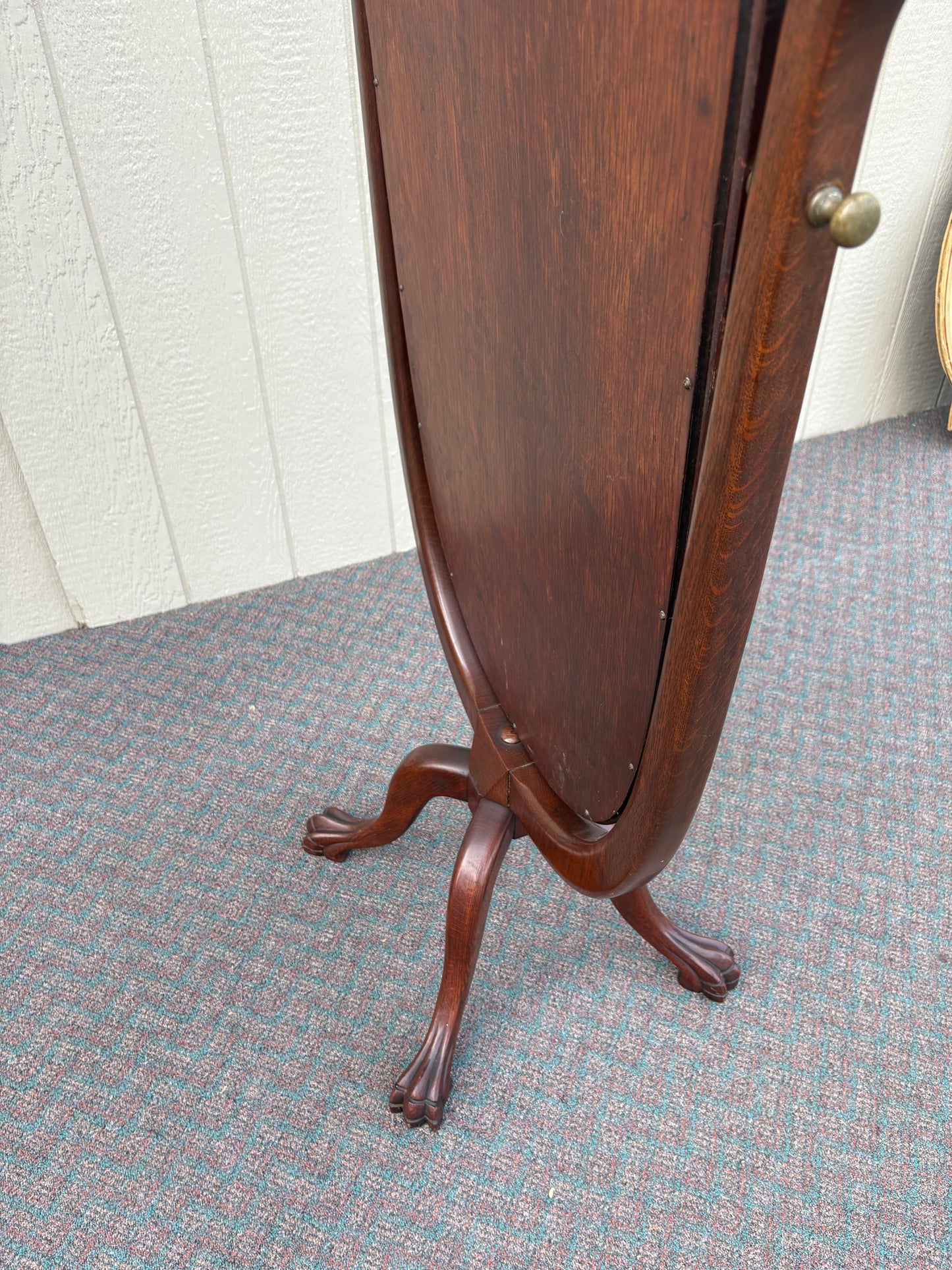67612 Antique Oak Cheval Mirror with Beveled Glass