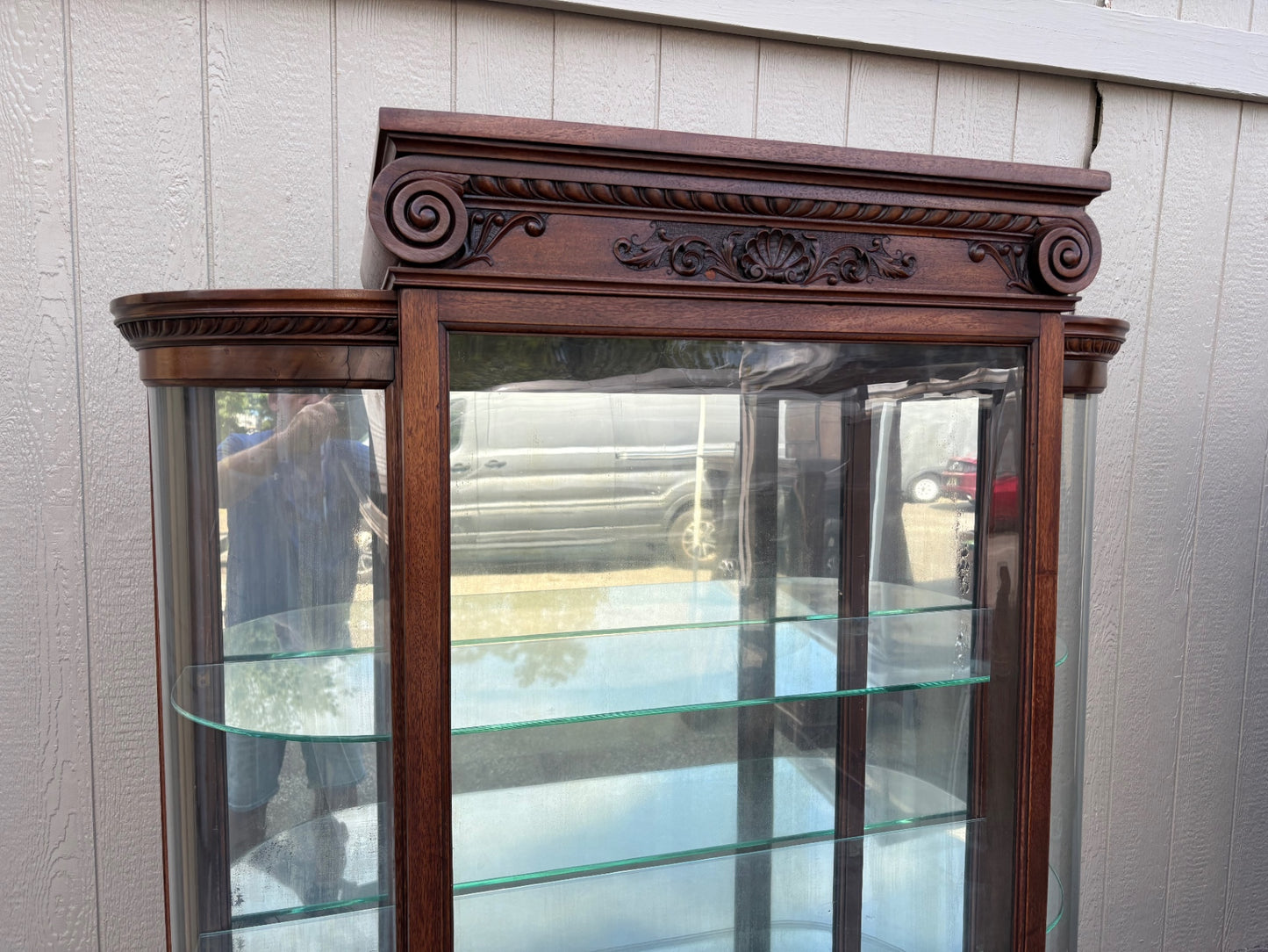 68015 Antique Bow Glass China Cabinet with Carved Mahogany Details