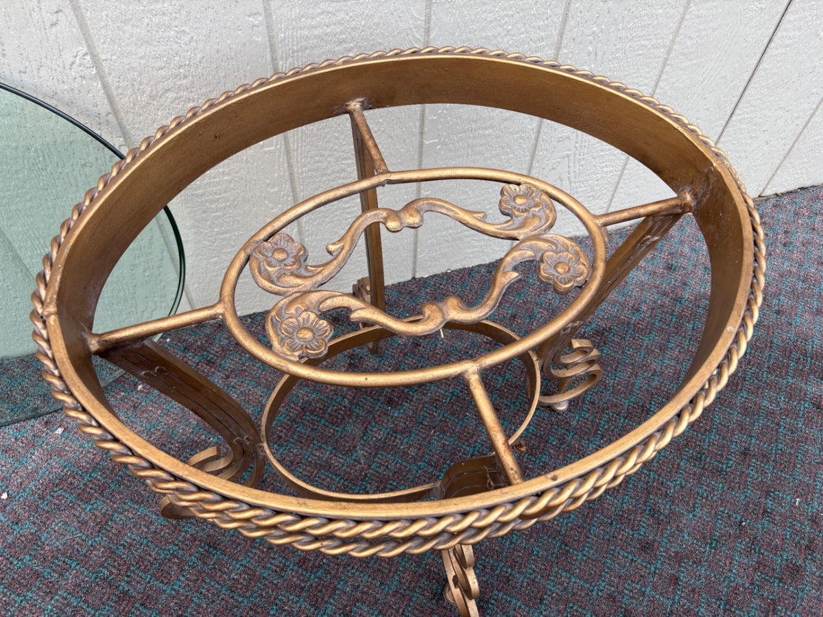 68117 Elegant Round Glass Top Side Table with Ornate Metal Base