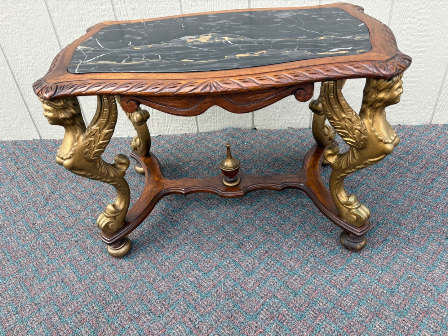 67619 Elegant Figural Carved Coffee Table with Marble Top Winged angel