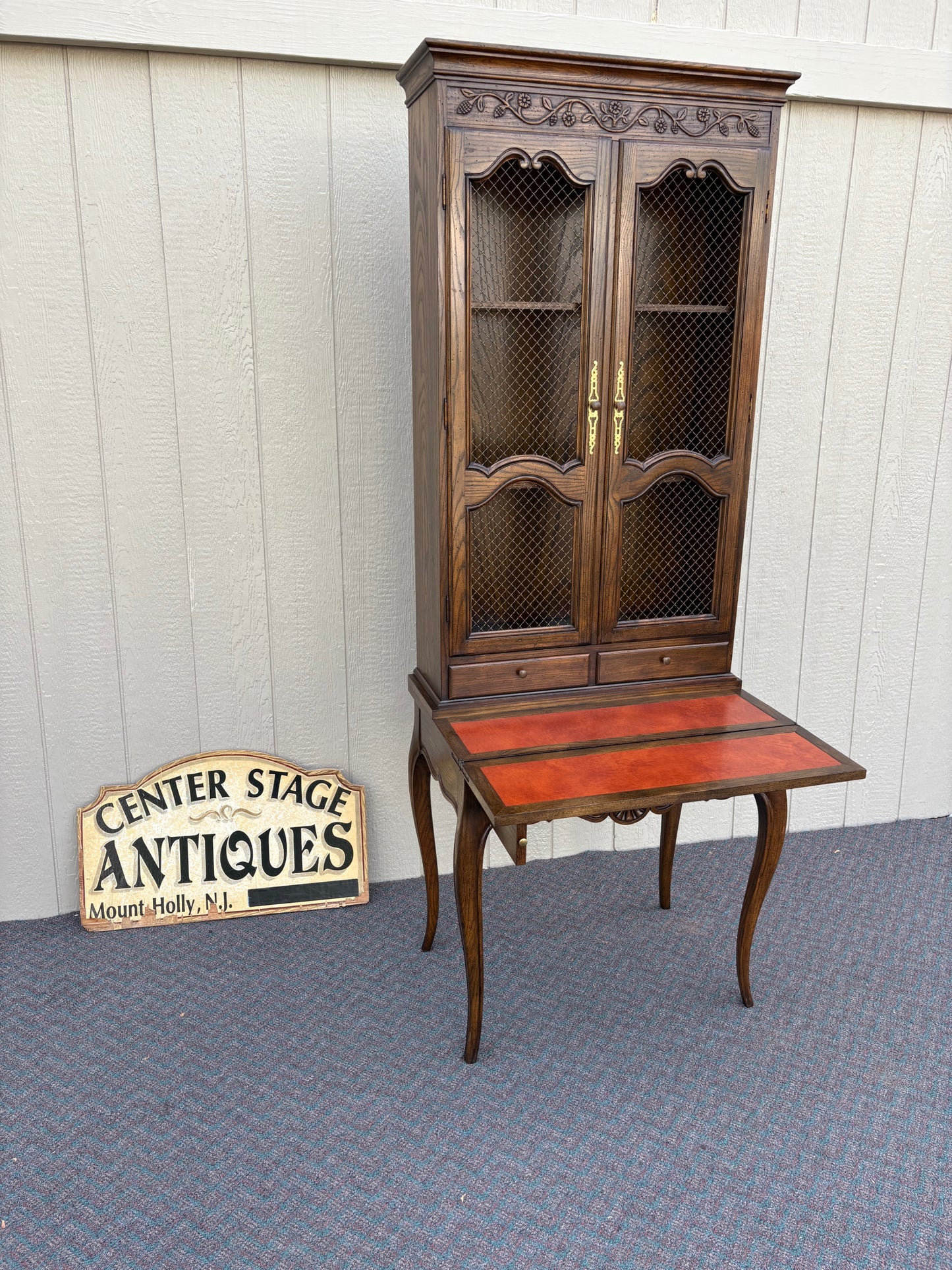 67743 Baker French Provincial Secretary Desk with Hutch, Wood and Leather