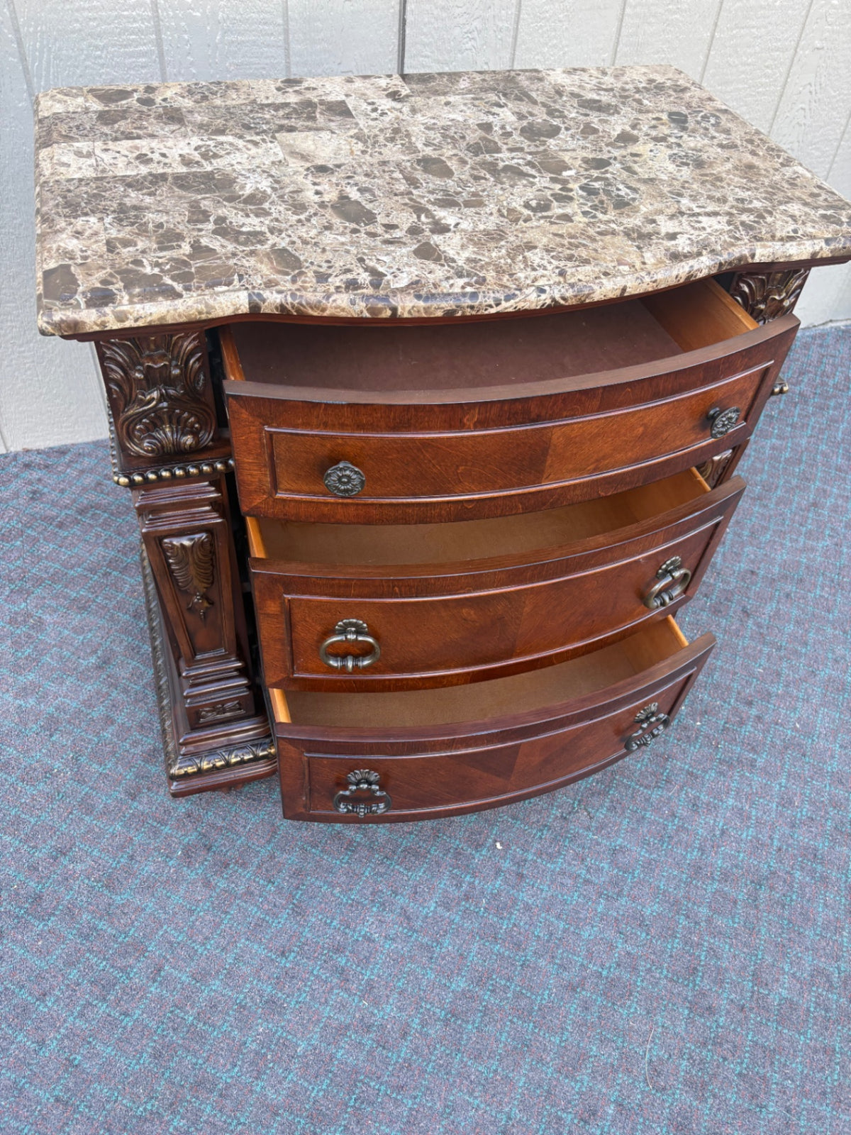 Elegant Marble Top Chest with Carved Wood Detail, 2015