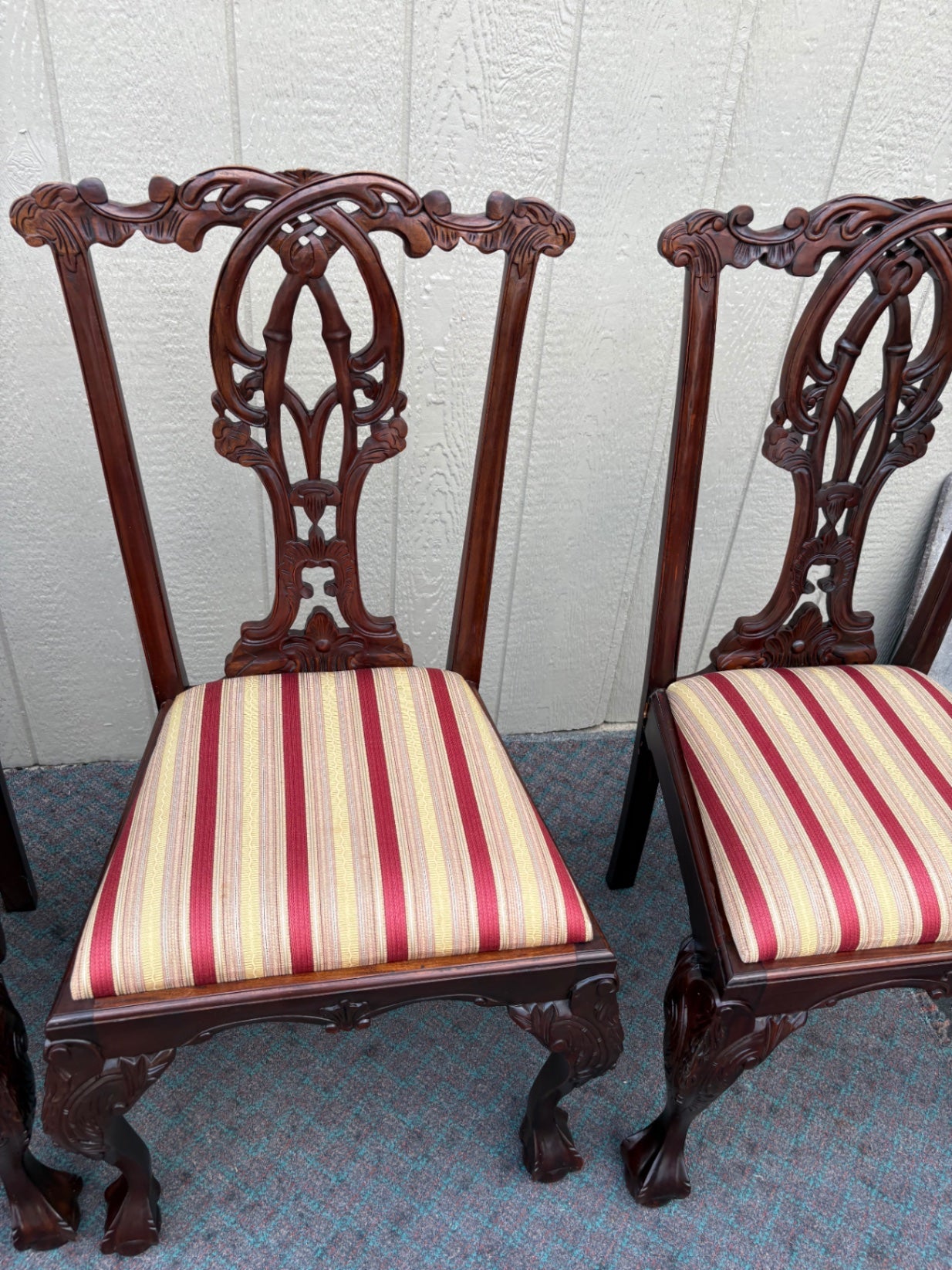 68024 Set of 6 Chippendale Dining Chairs with Striped Upholstery