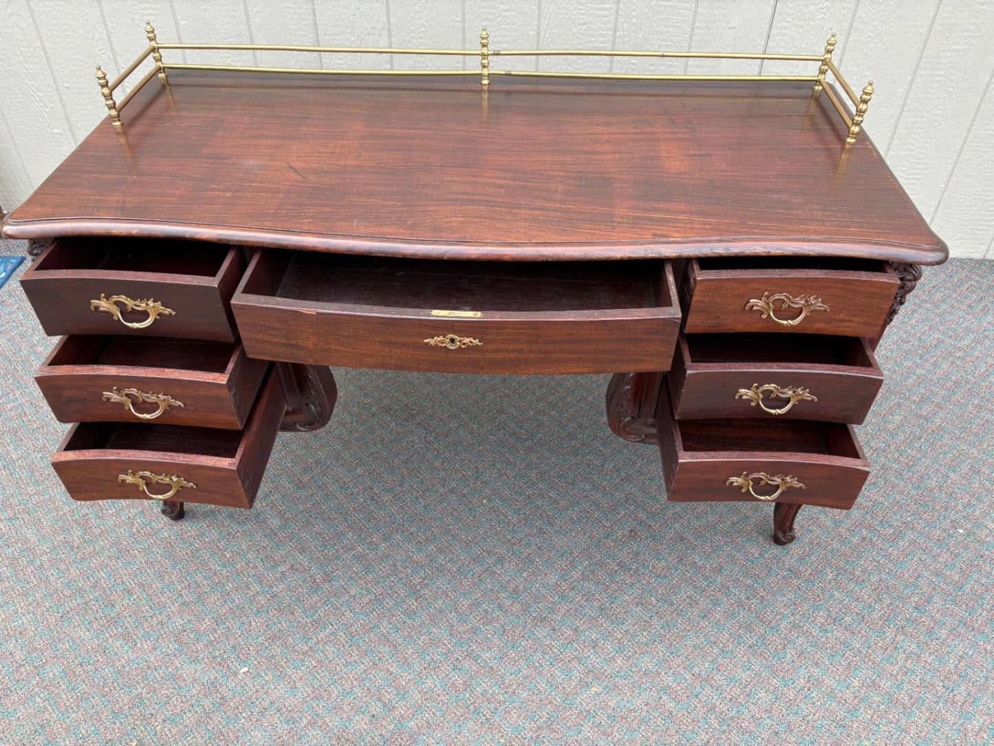67605 Elegant French Louis XV Style Mahogany Writing Desk with Brass Rail