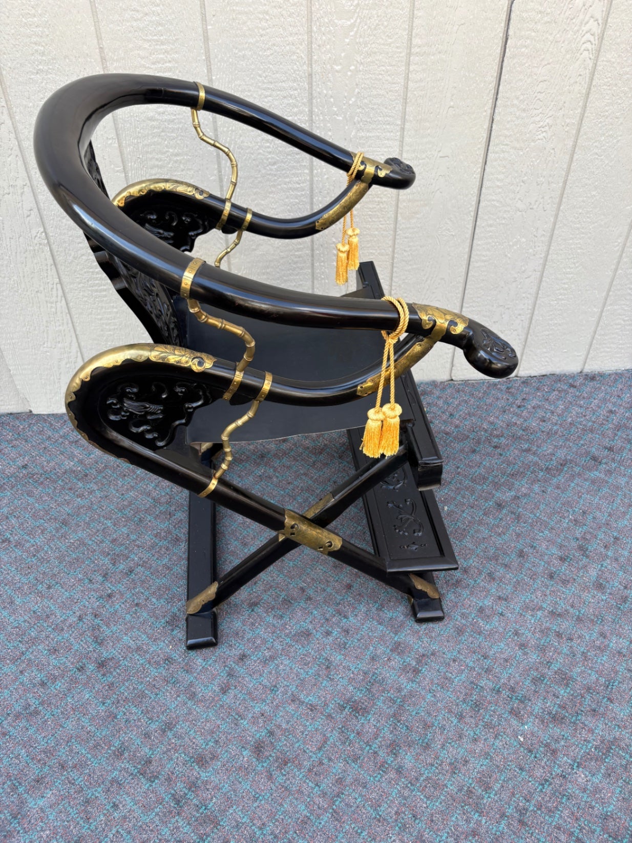 68061 Oriental Style Black Folding Chair with Carved Details