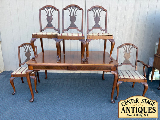 68230 Elegant Walnut Dining Table Set with 2 Leaves and 5 Chairs
