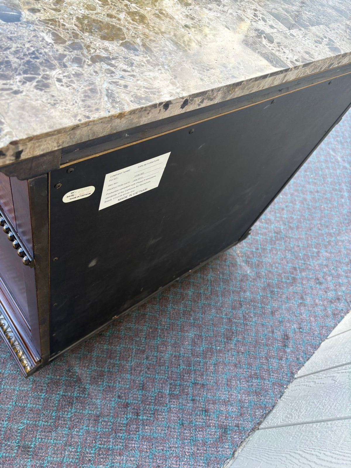 Elegant Marble Top Chest with Carved Wood Detail, 2015
