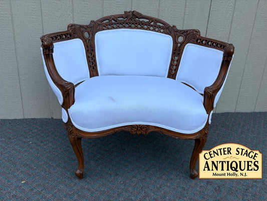67850 Victorian Carved Wood Settee with Bird Motif and Upholstery