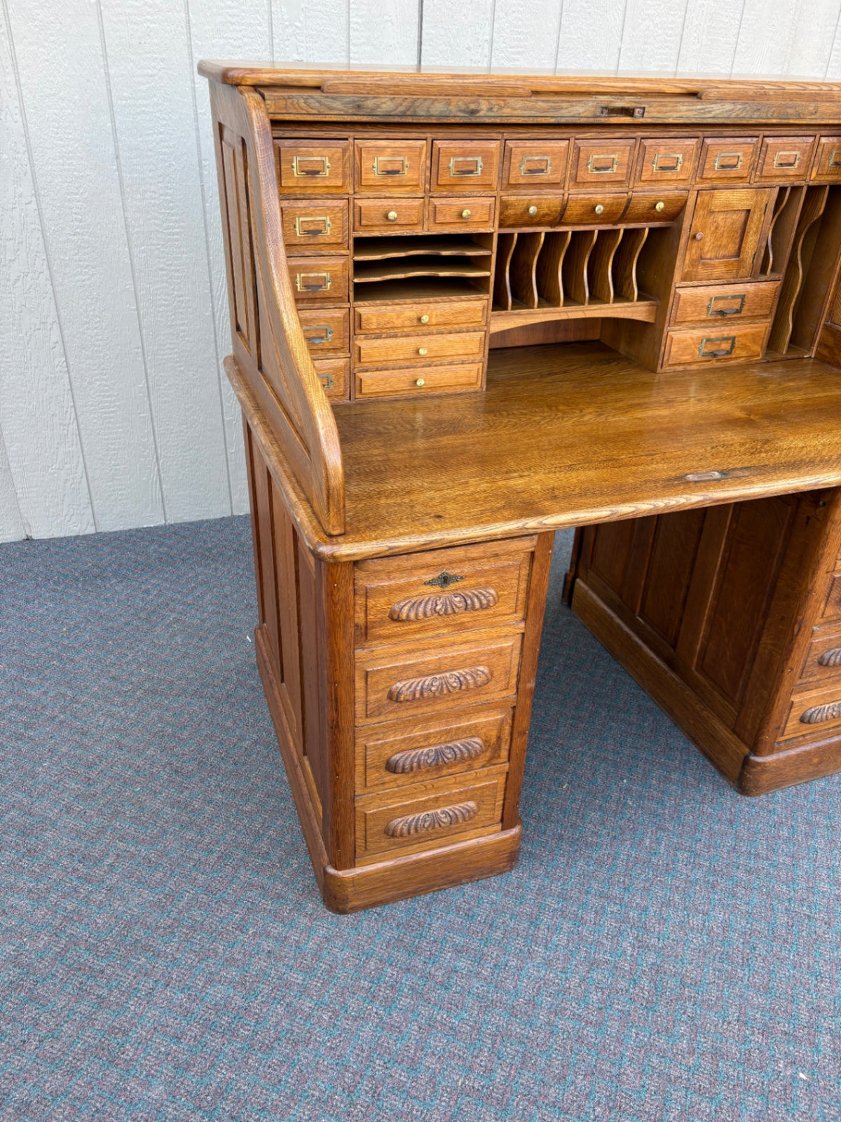68012 Antique Oak Roll Top Desk with Brass Hardware and Storage