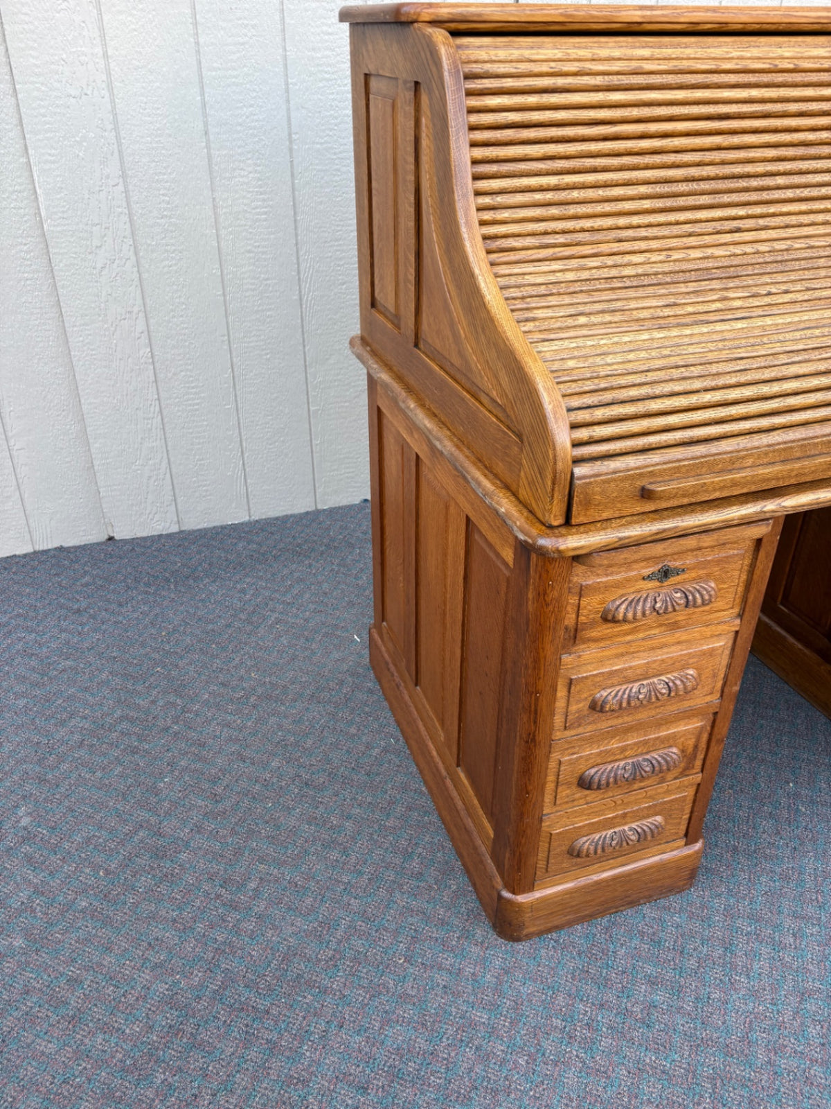 68012 Antique Oak Roll Top Desk with Brass Hardware and Storage