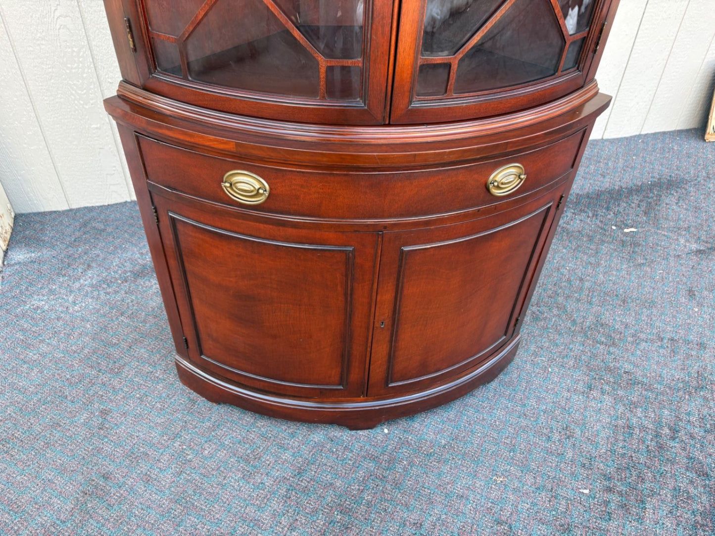 67479  Mahogany Corner Cabinet with Glass Doors and Brass Hardware