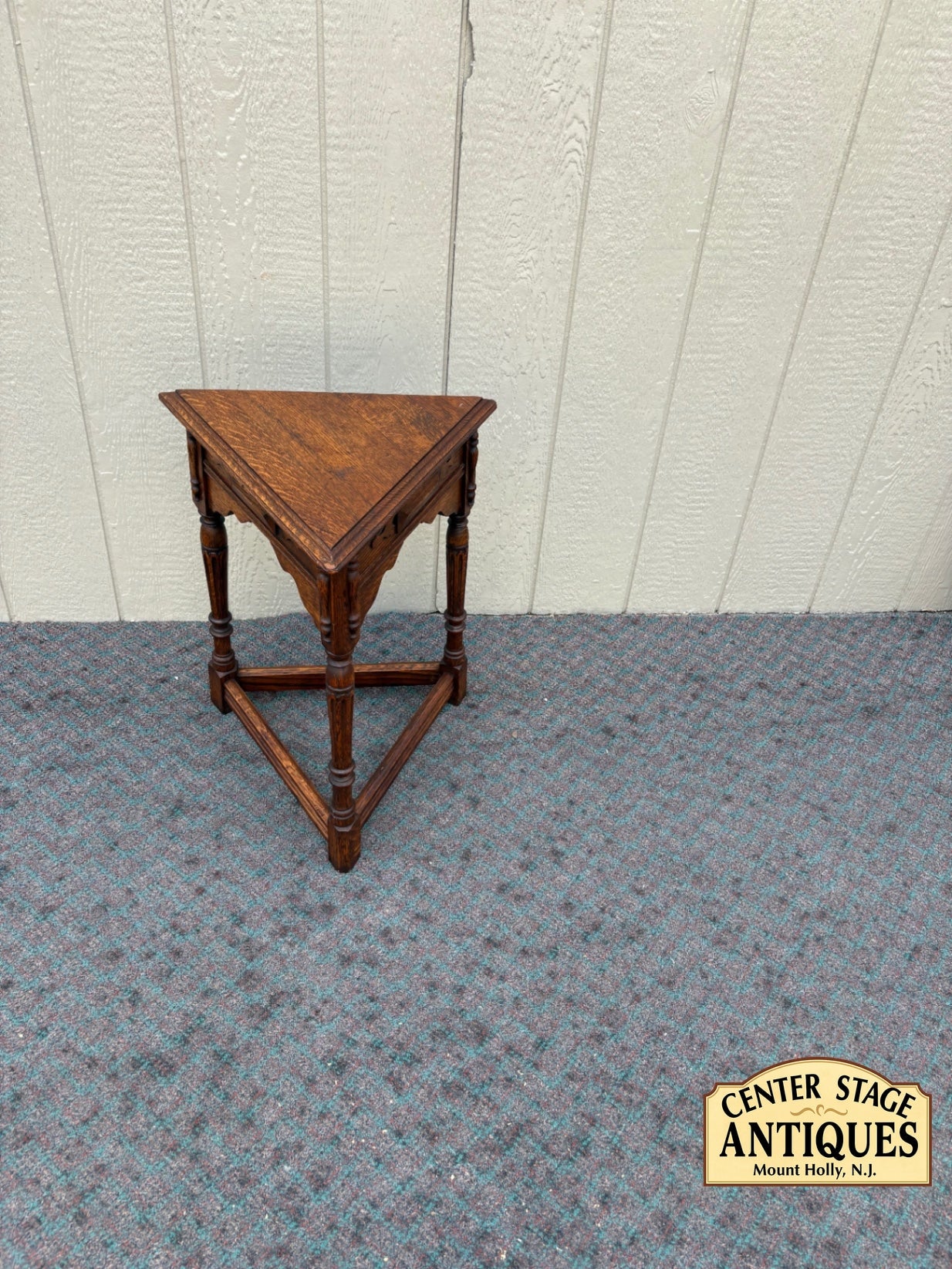 67954 Antique Oak Triangle Side Table with Turned Legs and Carved Details
