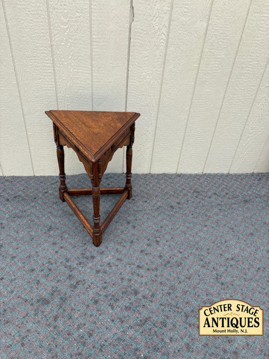 67954 Antique Oak Triangle Side Table with Turned Legs and Carved Details