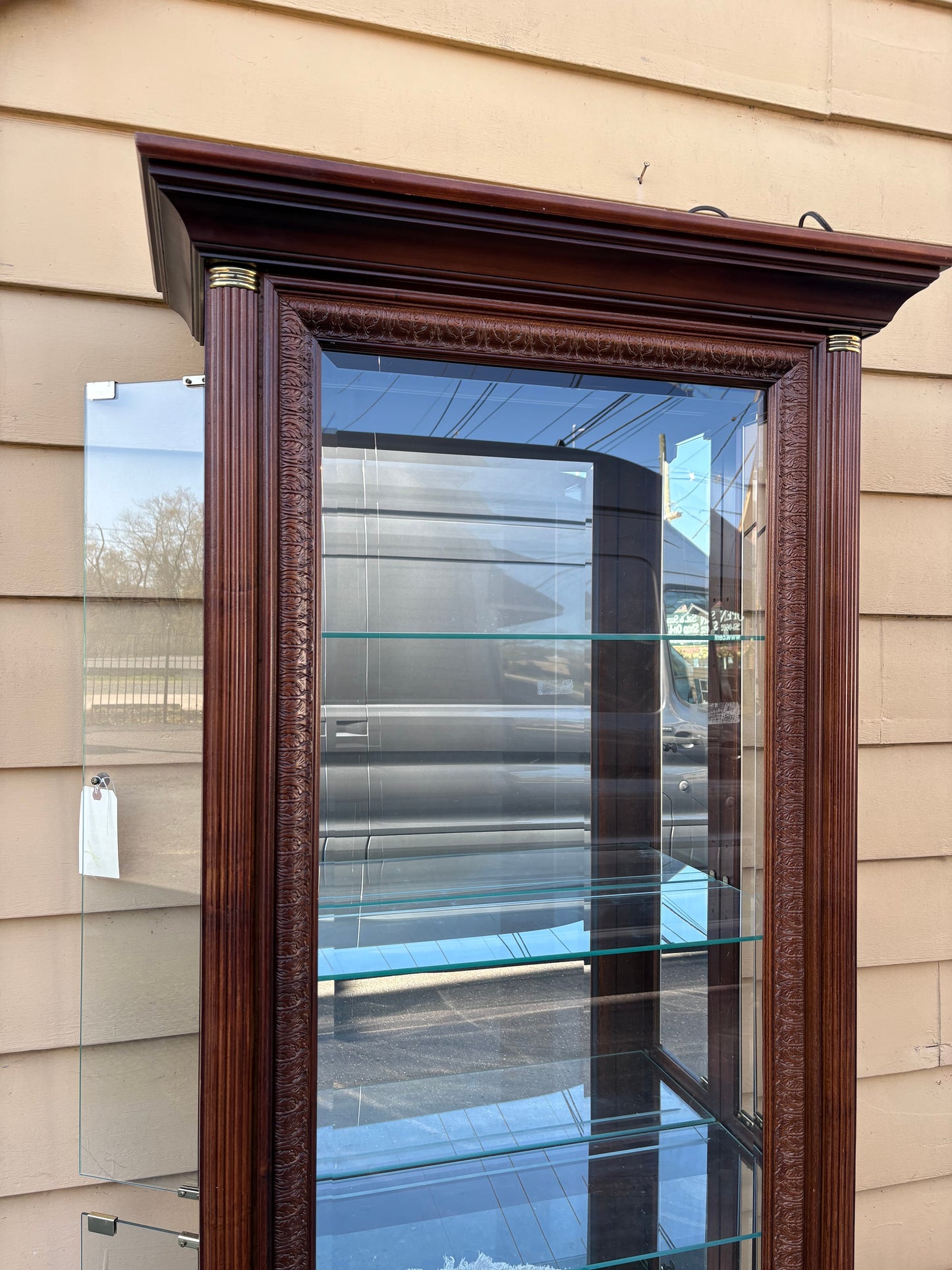 67786  Elegant Mahogany Curio Cabinet with Glass Shelves and Lighting