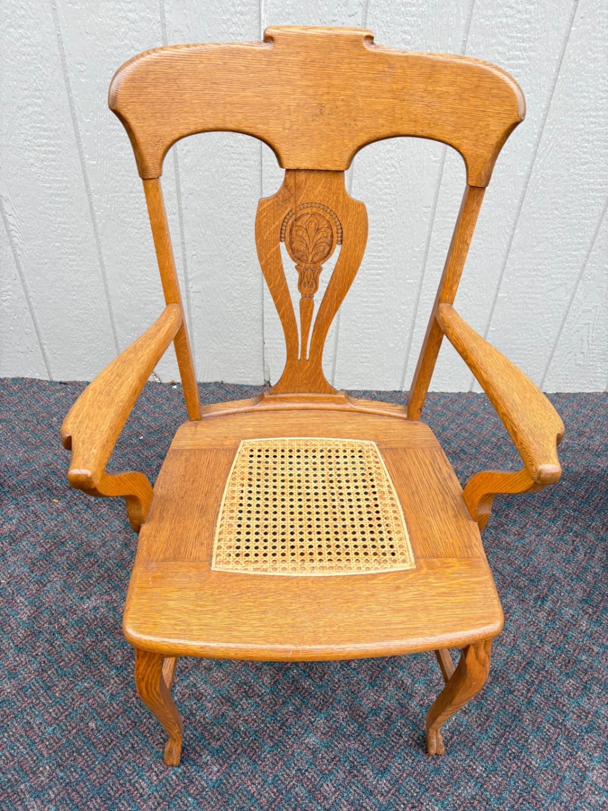 67360 Set of 6 Oak Dining Chairs, Queen Anne Style with Cane Seats