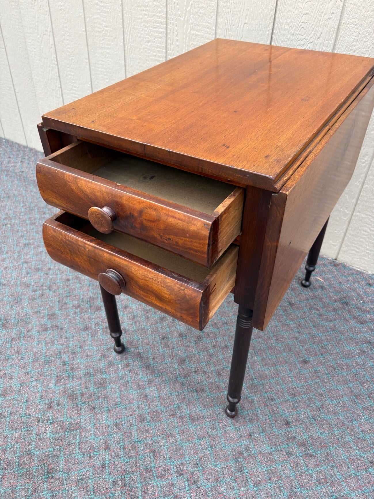 68085  Antique Drop Leaf Side Table with Drawers, Solid Wood