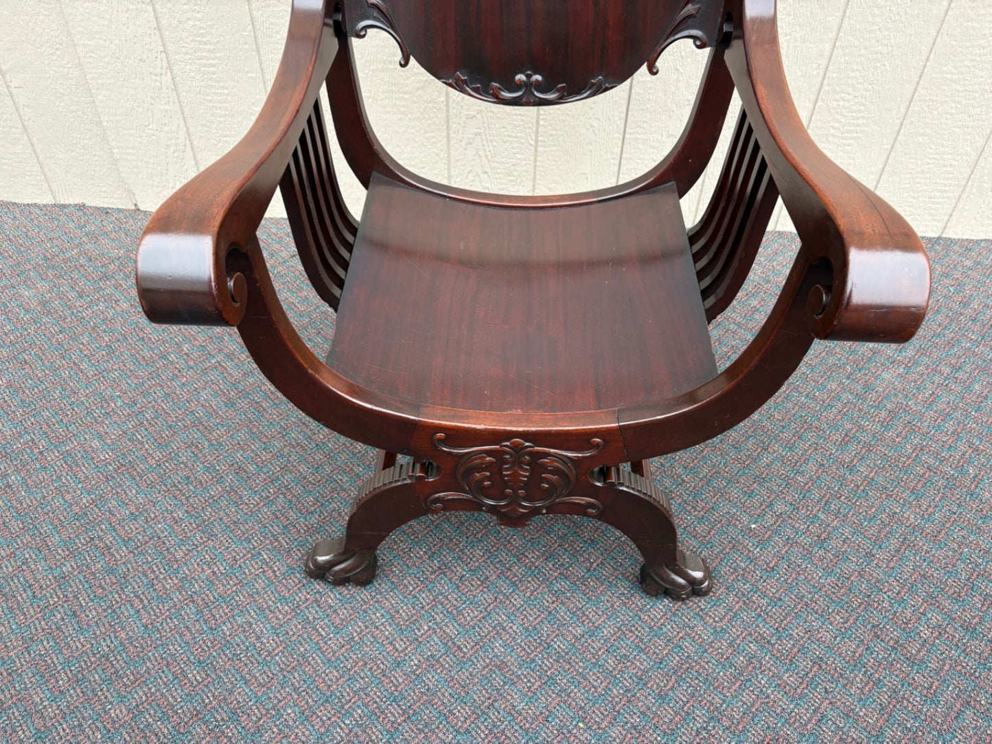 67546 Victorian Mahogany Lion Armchair with Intricate Carvings