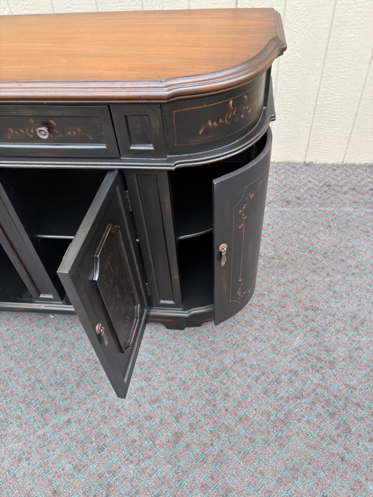 67888 Vintage Italian Style Black Buffet Sideboard with Hand-Painted Details