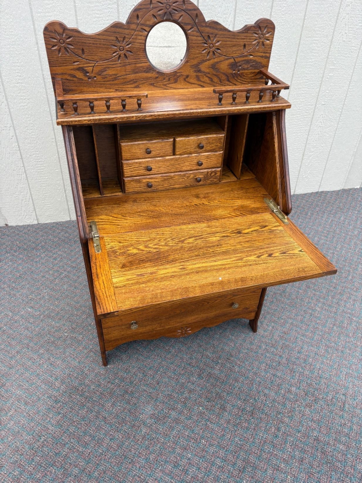 67561 Antique Oak Slant Front Desk with Mirror and Carved Details